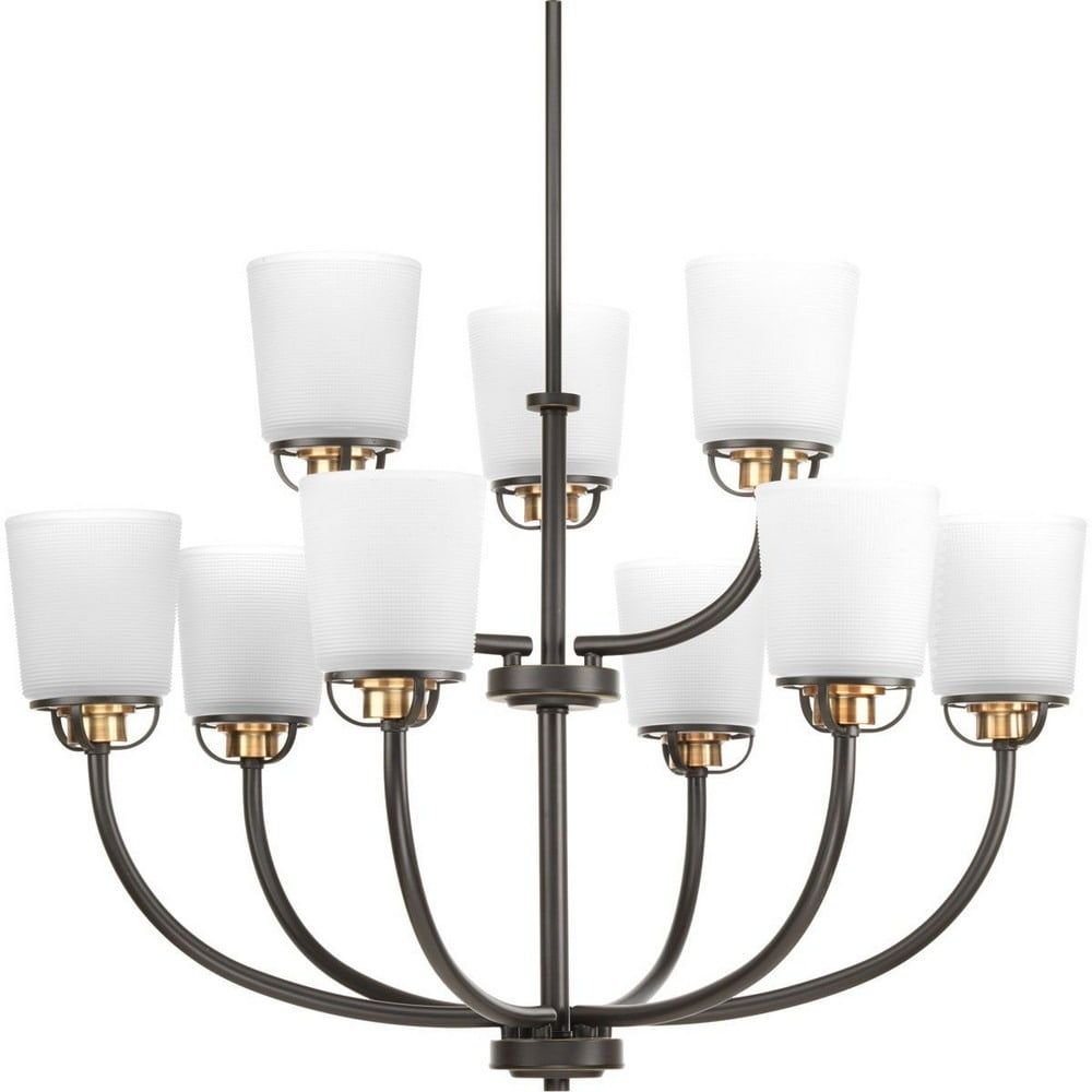 Antique Bronze Nine-Light Two-Tier Chandelier with Frosted Glass Shades