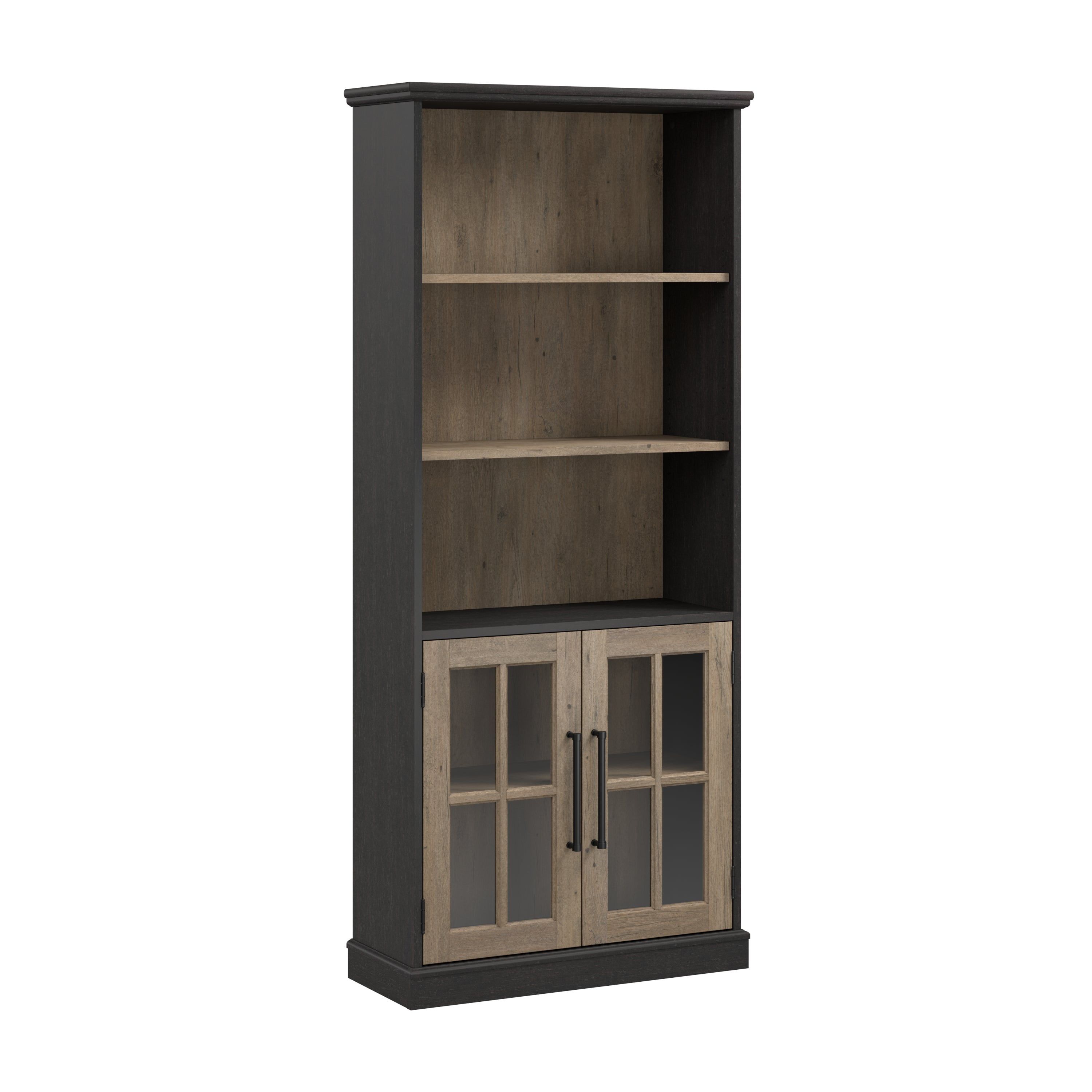 Vintage Black and Tan Hickory Adjustable 5 Shelf Bookcase with Glass Doors