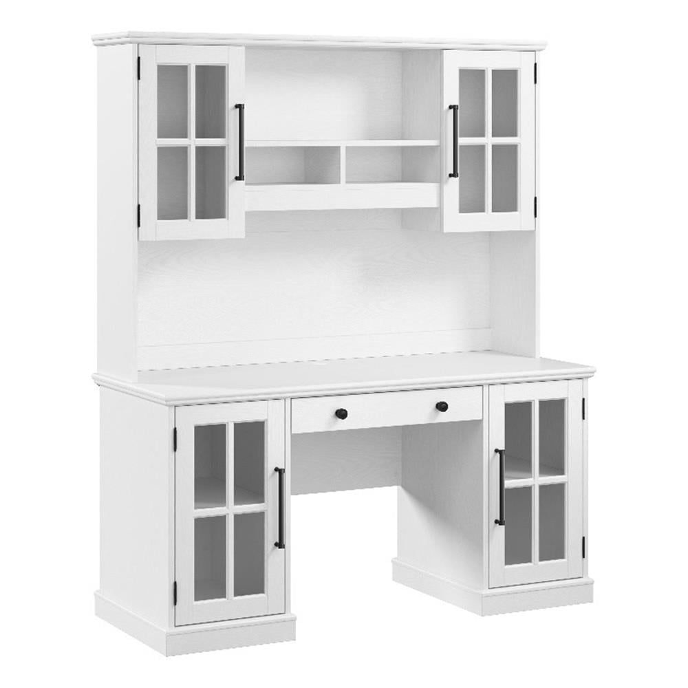 White Wood Computer Desk with Hutch and Storage