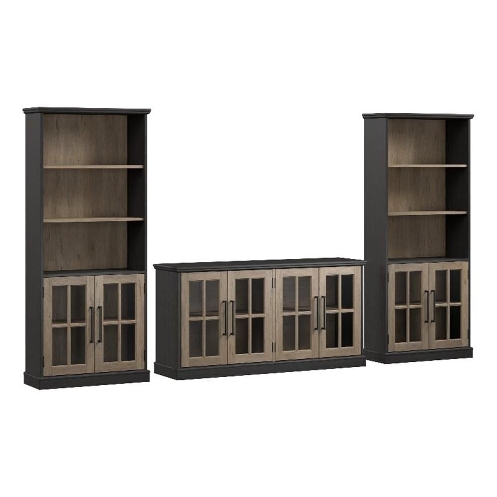 Vintage Black and Tan Hickory TV Stand with Bookcases