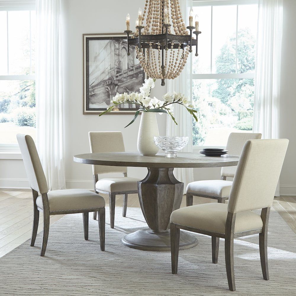 Havana Brown 60'' Round Pedestal Dining Table Set with Sand Upholstered Chairs