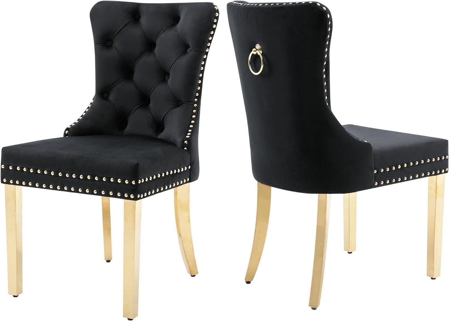 Black Velvet Upholstered Dining Chairs with Gold Legs, Set of 2