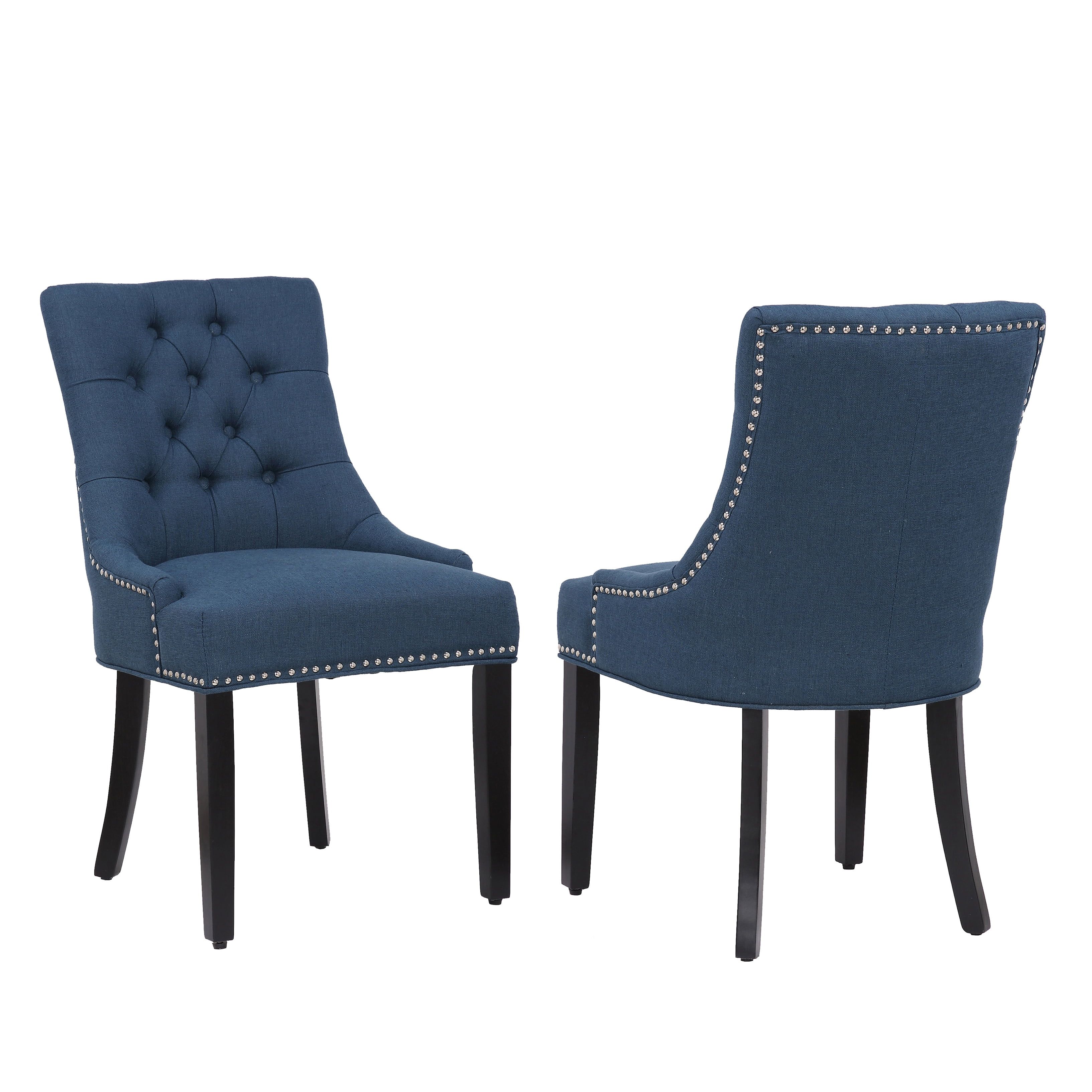 High Back Blue Linen Upholstered Wood Side Chair