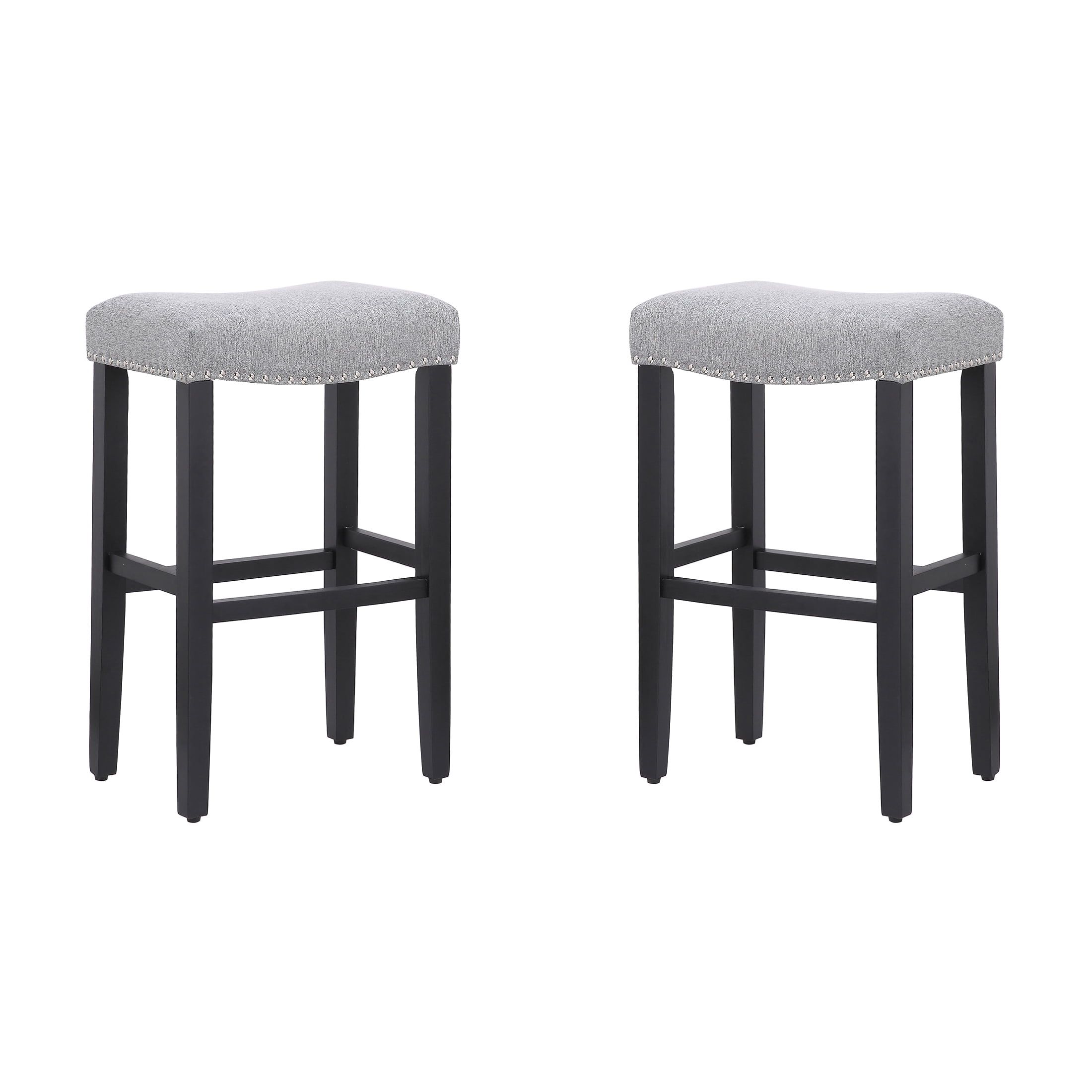 29" Gray Upholstered Saddle Seat Bar Stools, Set of 2