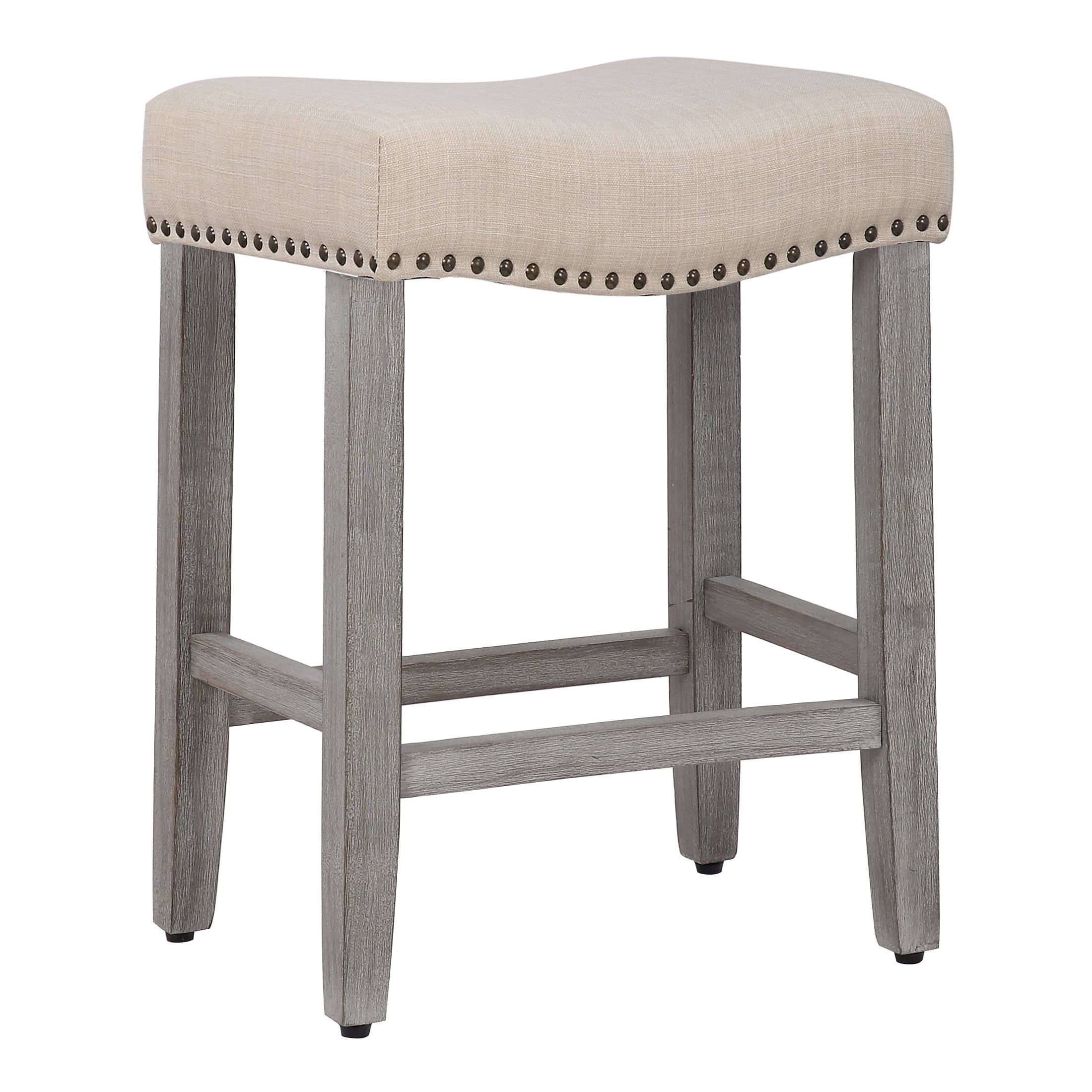 24" Beige Linen Upholstered Wood Saddle Counter Stool