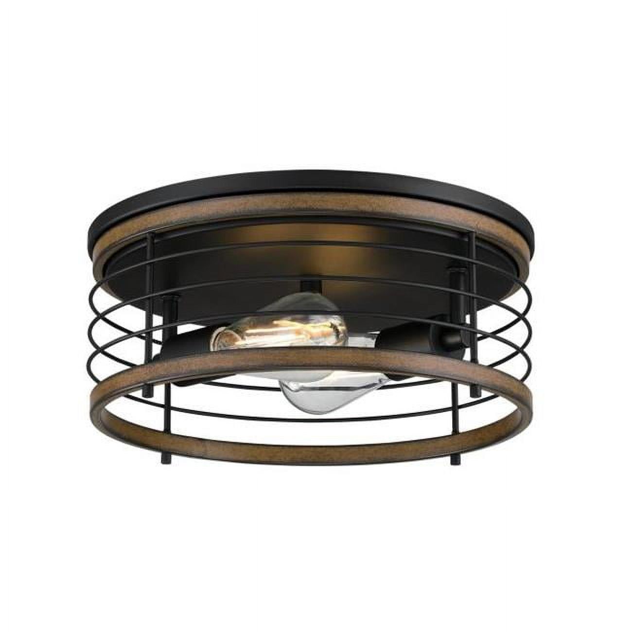 Matte Black and Barnwood 13" Flush Mount Drum Ceiling Light