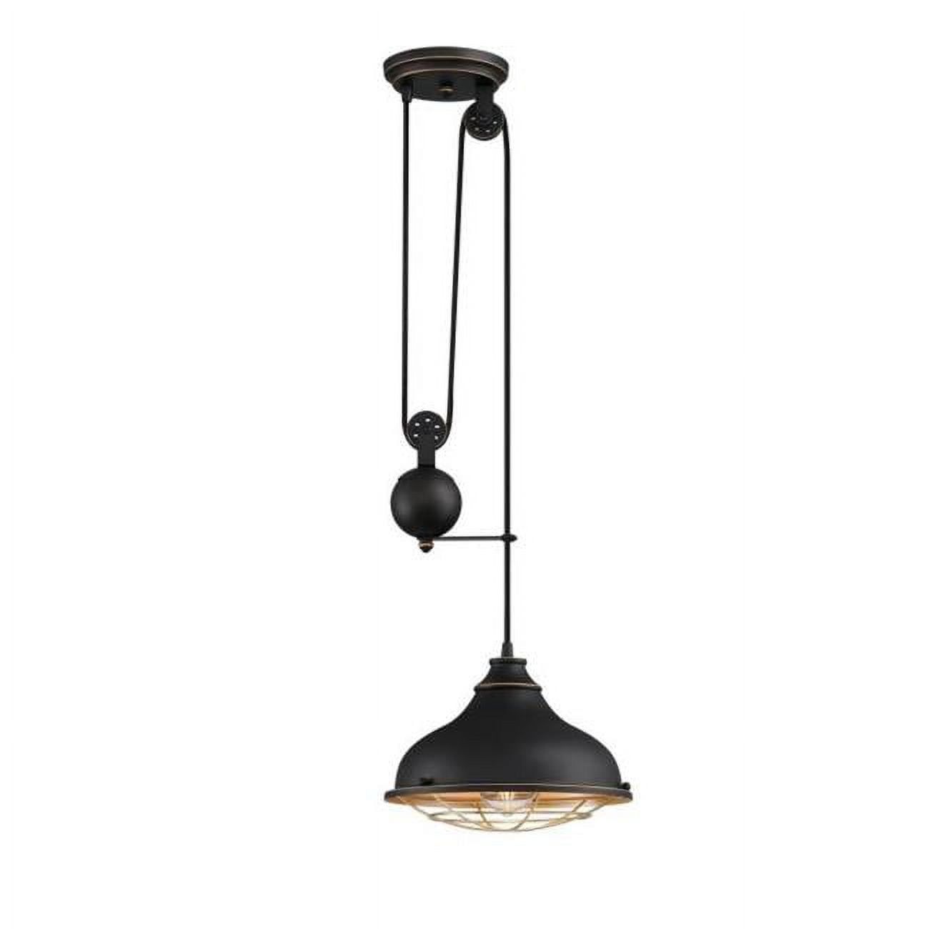 Chaves 29.5'' Black-Bronze Indoor Pulley Pendant with Golden Brass Cage Shade