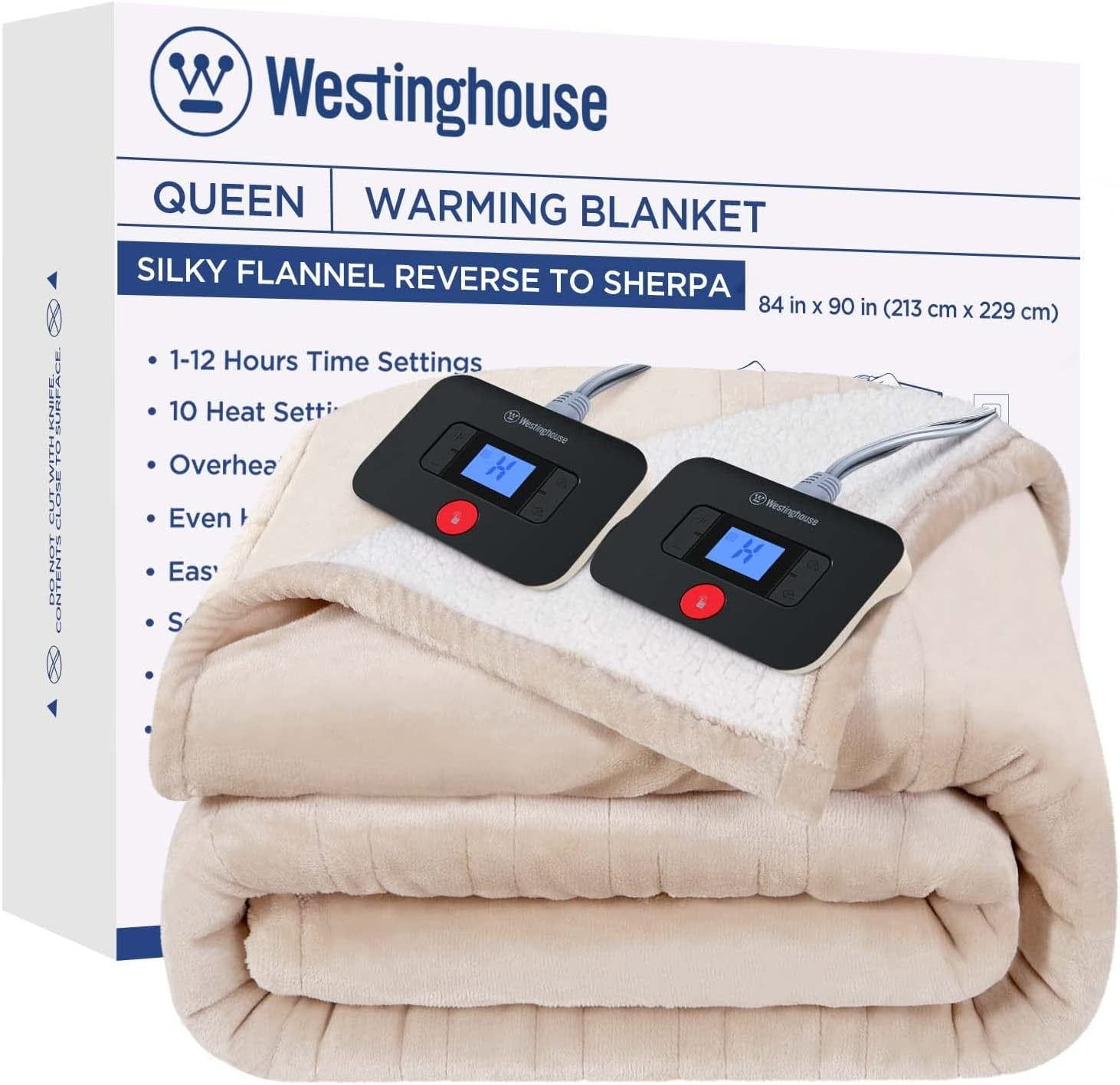 Queen Beige Flannel to Sherpa Reversible Heated Blanket