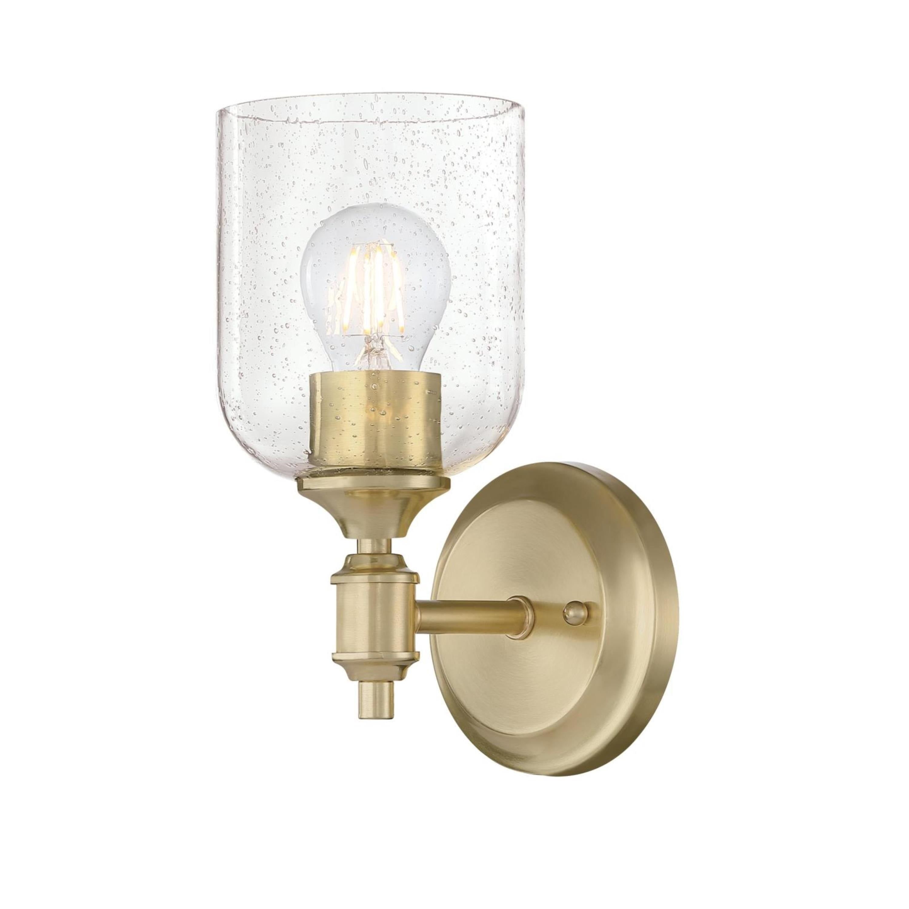 Champagne Brass Cylinder Sconce with Seeded Glass Shade