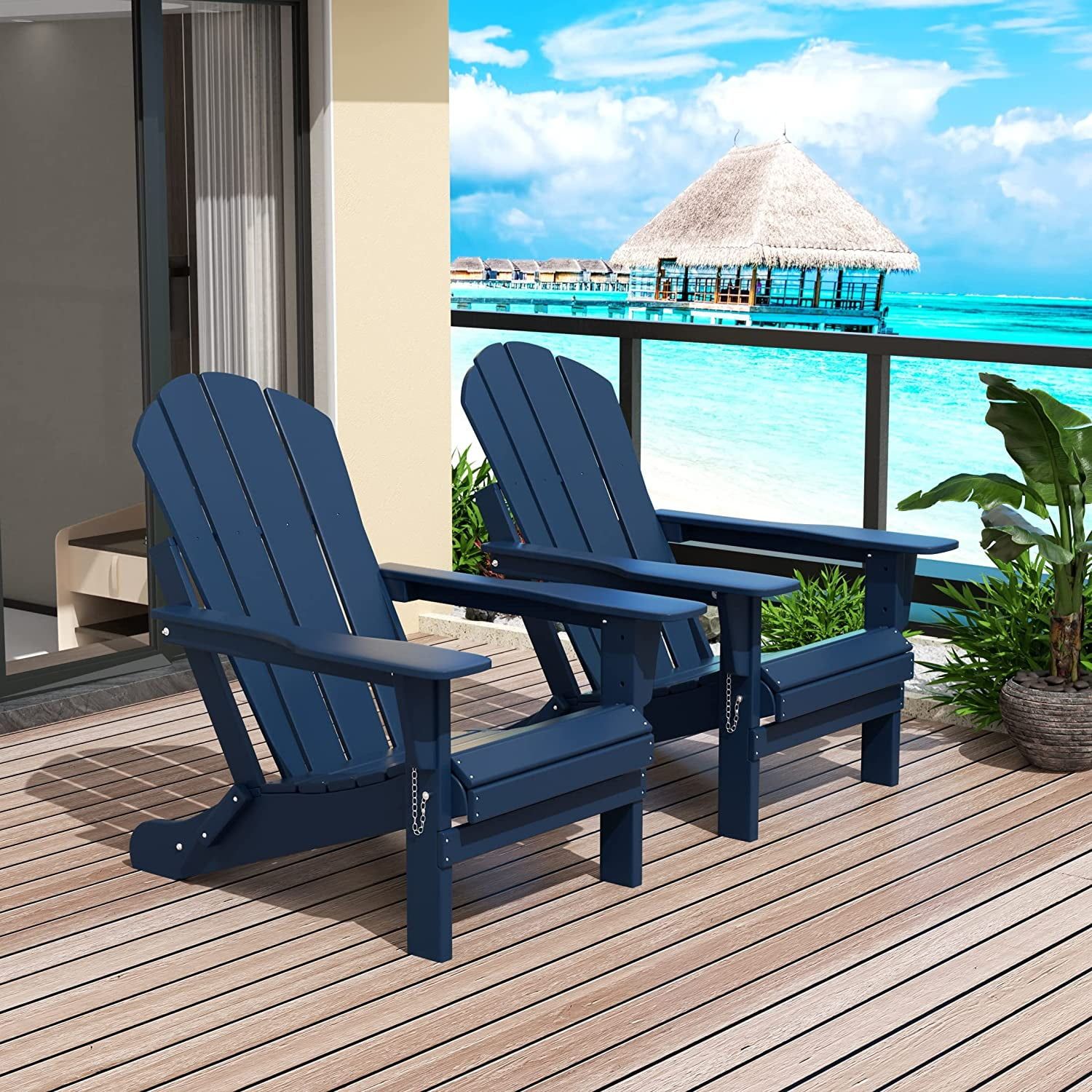 Navy Blue HDPE Folding Adirondack Patio Chairs, Set of 2