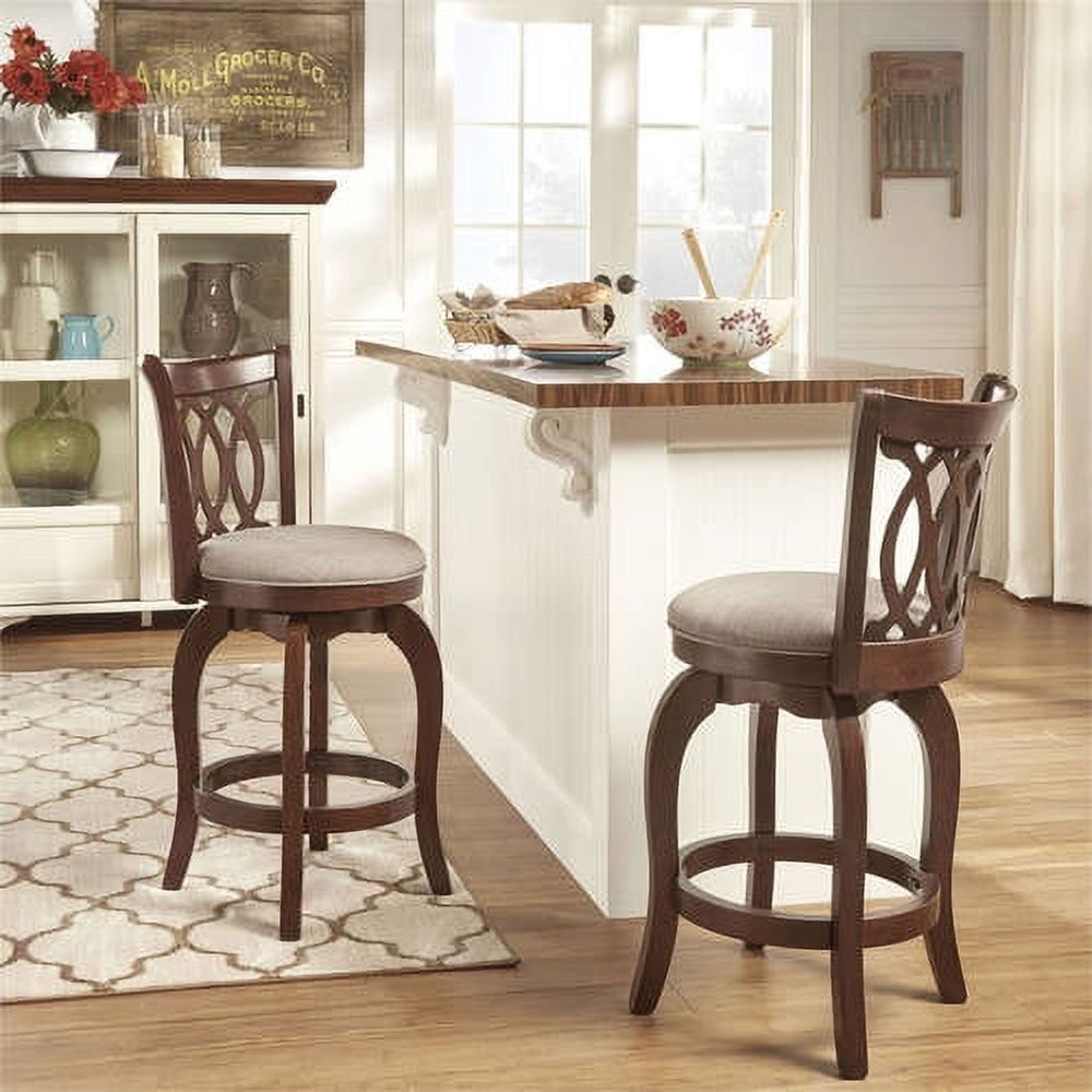 Gray Linen and Cherry Wood Swivel Counter Stool