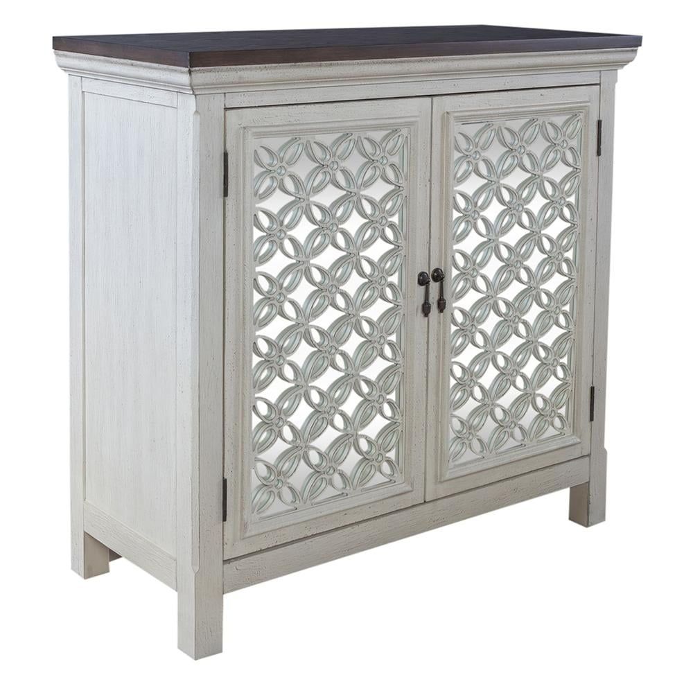 White and Worn Wood 2-Door Accent Cabinet with Mirrored Doors