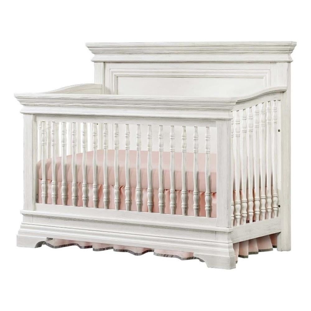 Brushed White Solid Hardwood Convertible Crib with Spindle Details