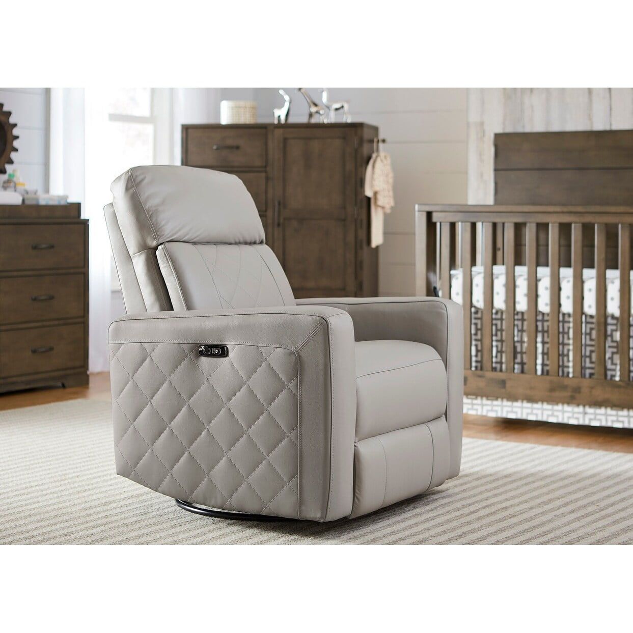 Cloud Gray Leather Swivel Recliner with USB and Wood Accents