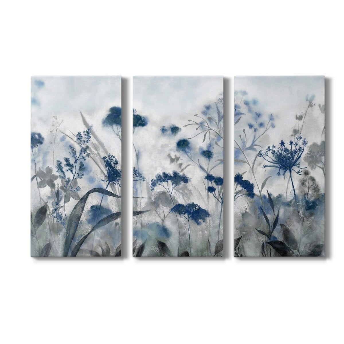 Inky Indigo Floral Triptych Canvas Wall Art