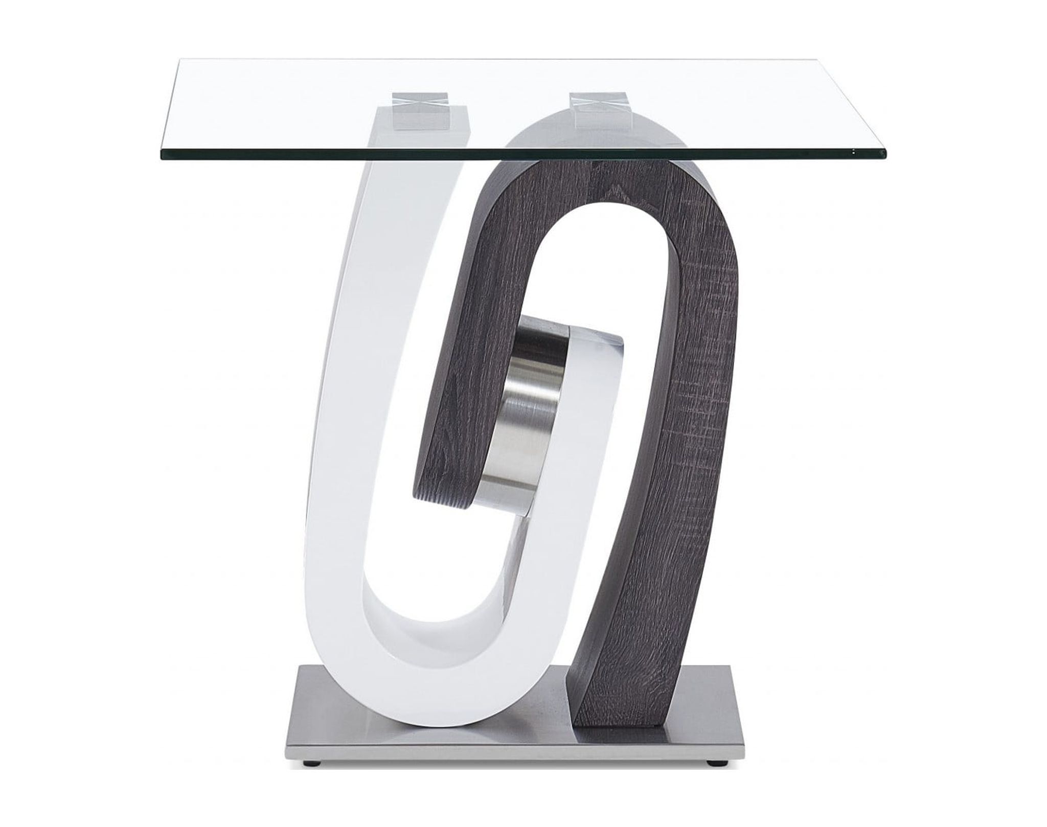 White and Dark Grey Glass Top End Table with Abstract Base