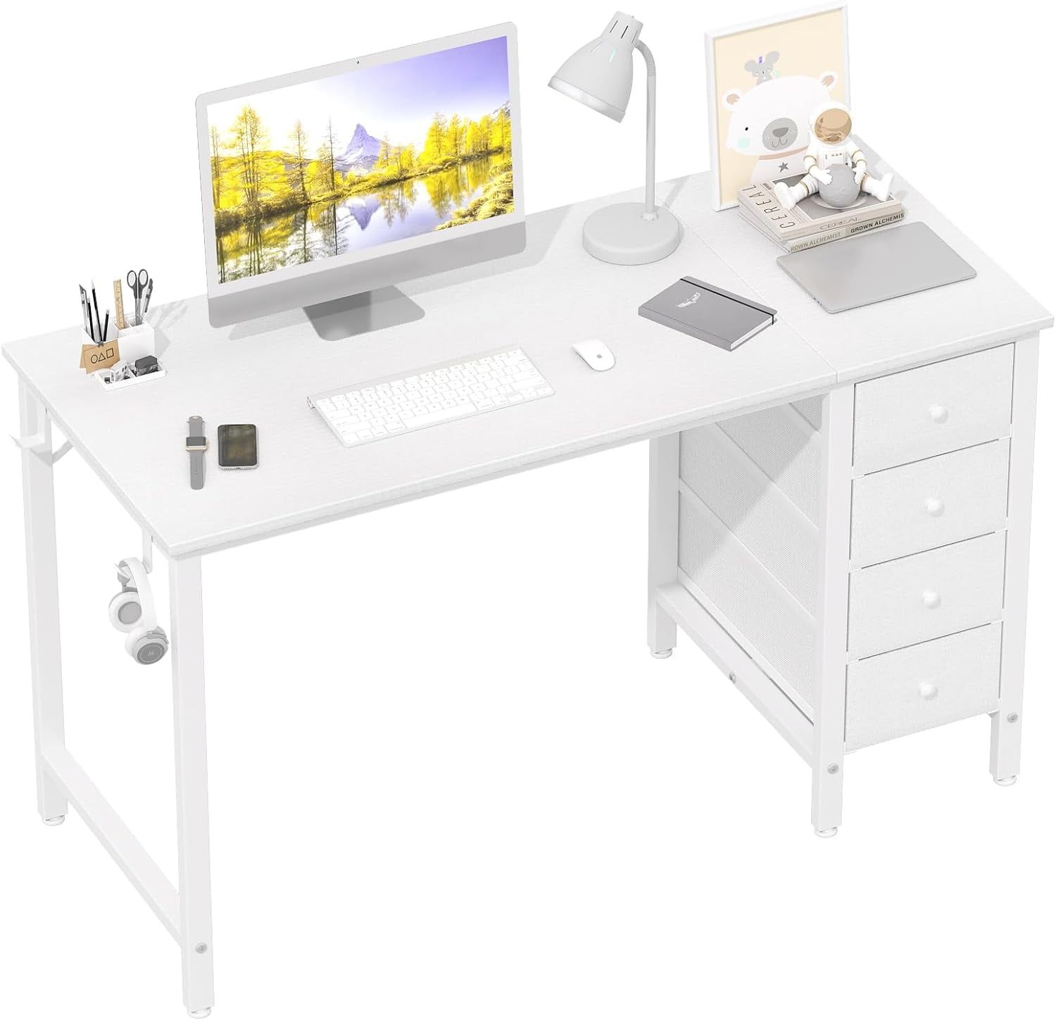 White Wood Computer Desk with Fabric Drawers, 47 Inch