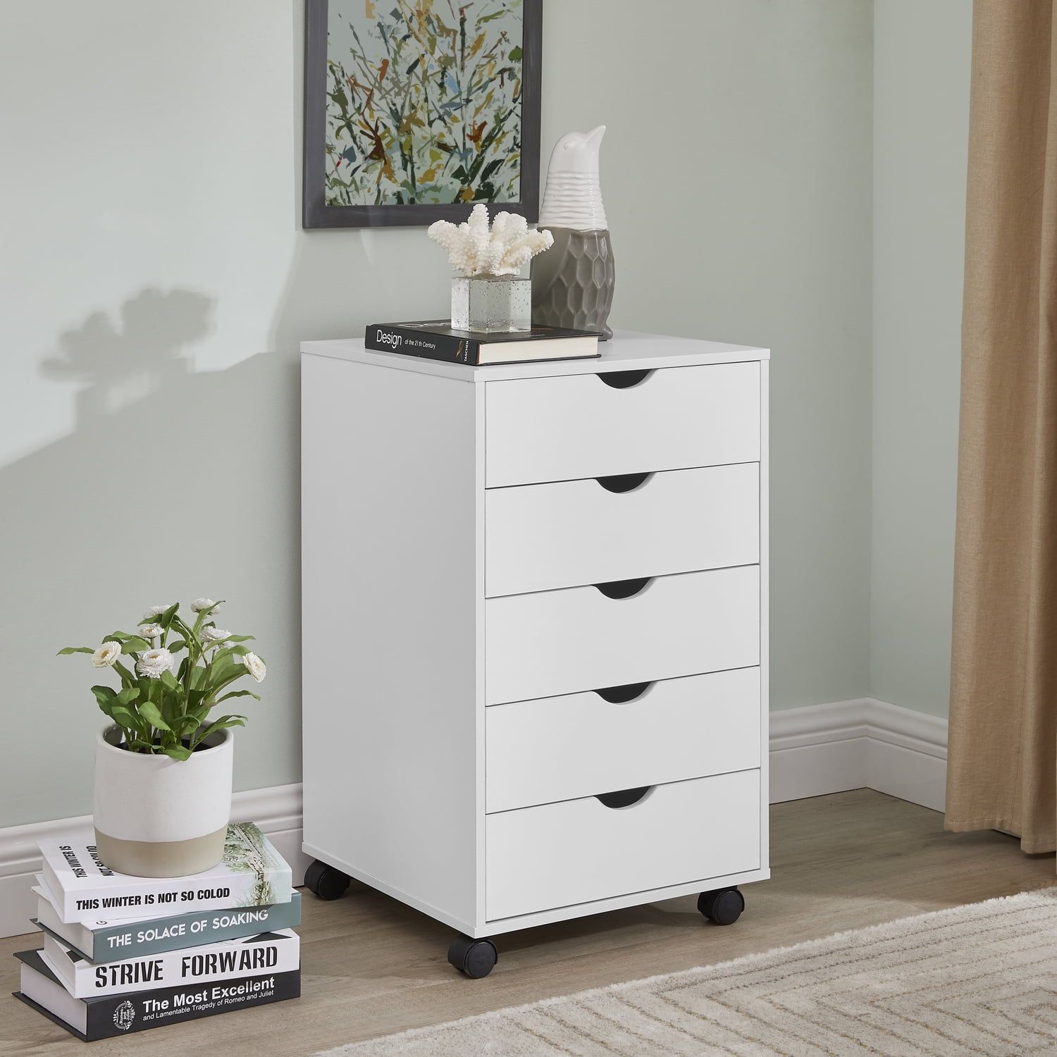 White Mobile 5-Drawer Vertical Wood Storage Cabinet