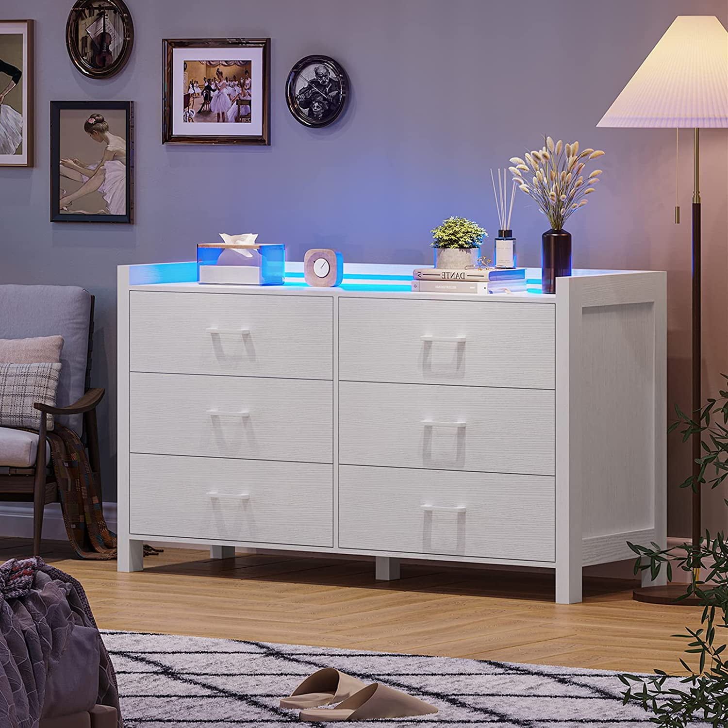 White Double Dresser with LED Lights and Six Drawers