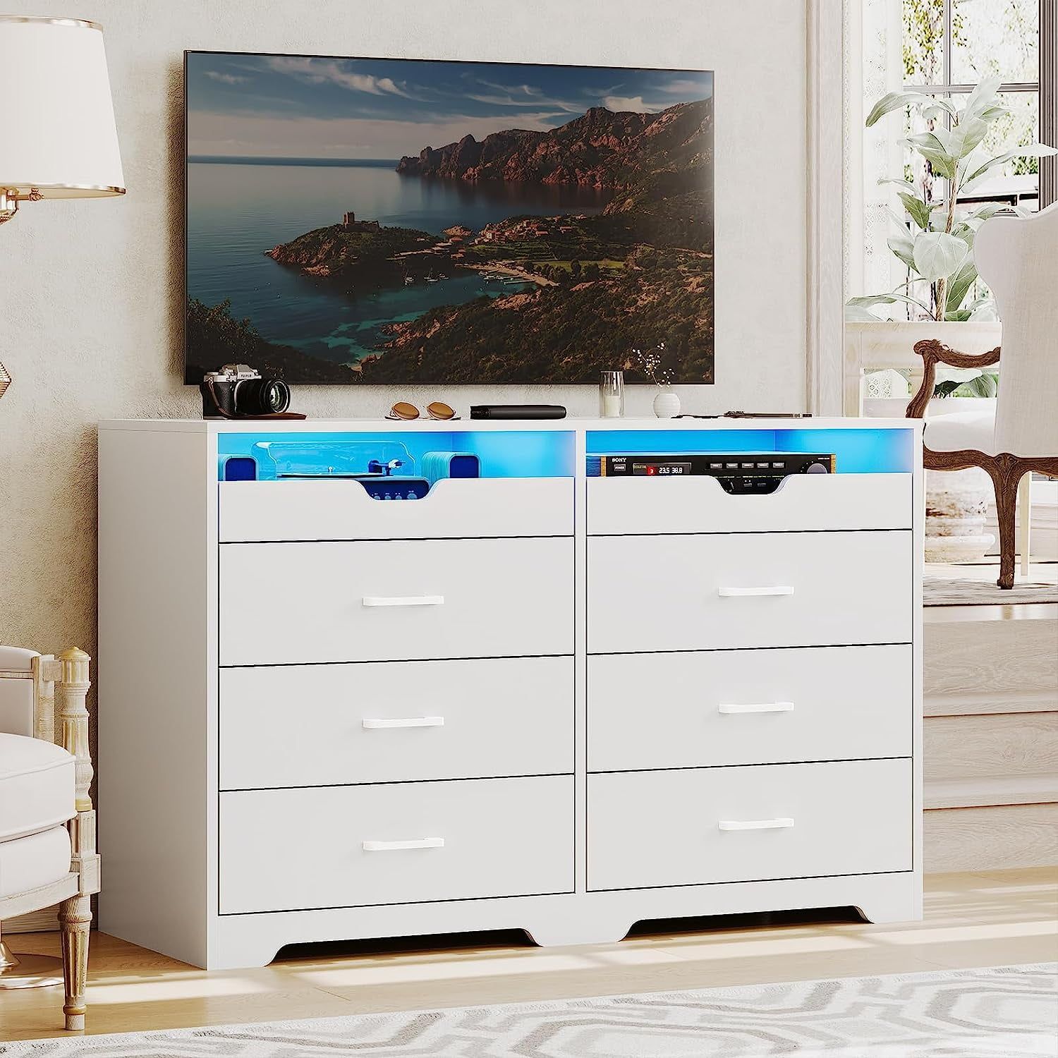 White Double Dresser with LED Lights and Pull-Out Tray