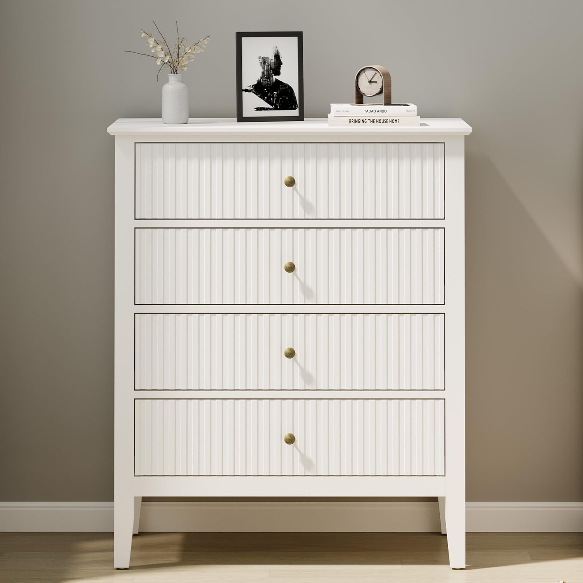 White Fluted 4-Drawer MDF Dresser with Brass Knobs