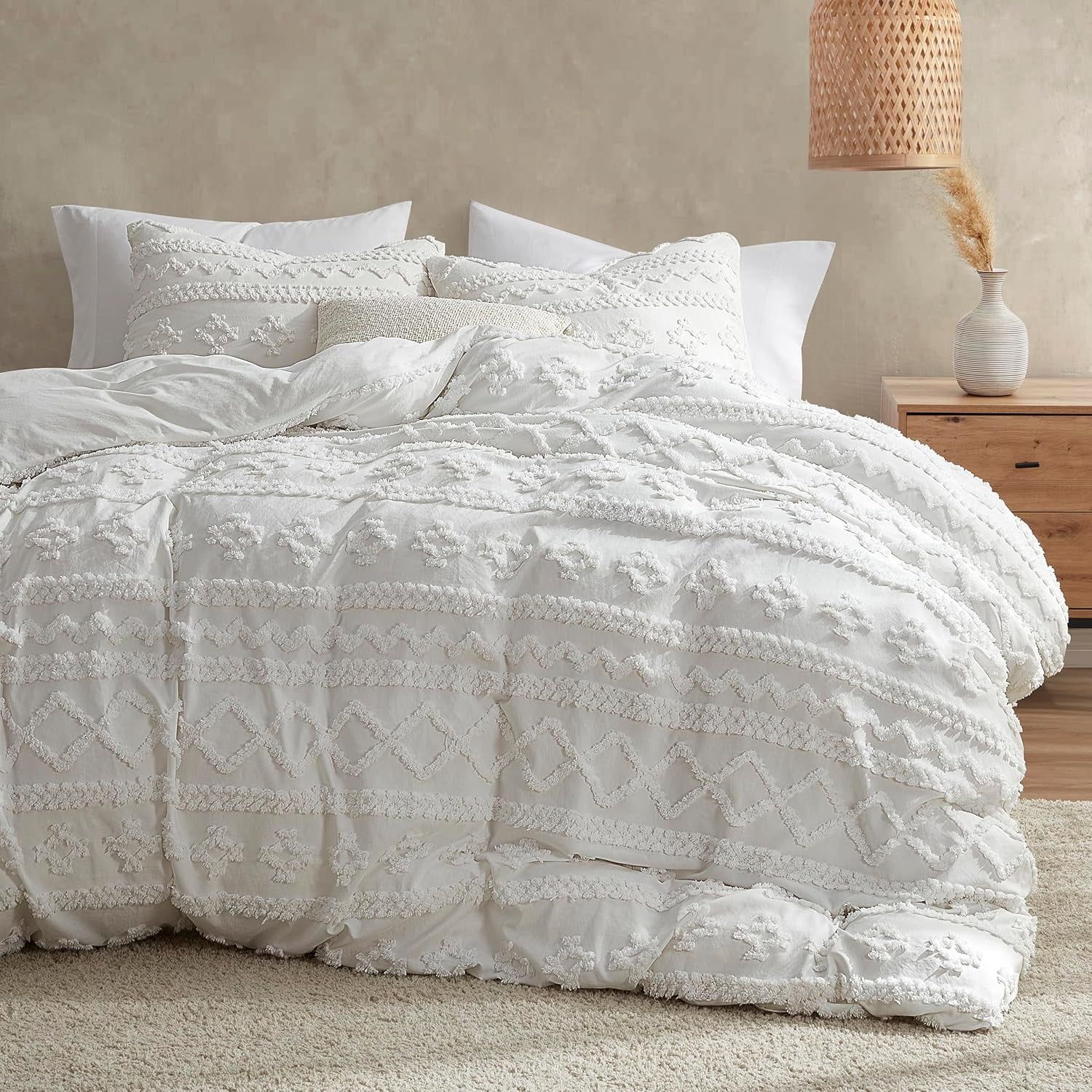 White Tufted King Comforter Set with Pillowcases