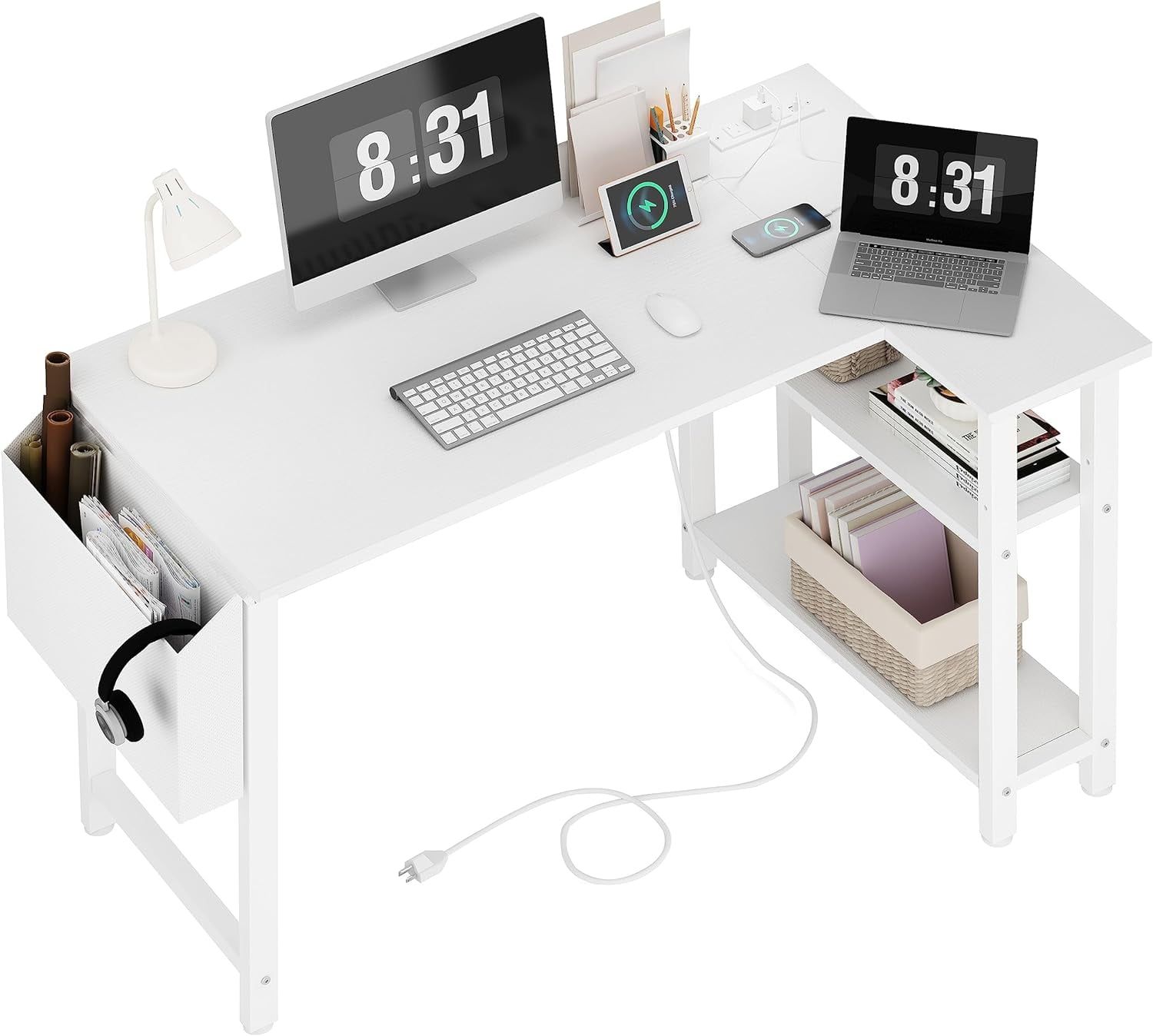 White L-Shaped Computer Desk with Power Outlet and USB Ports