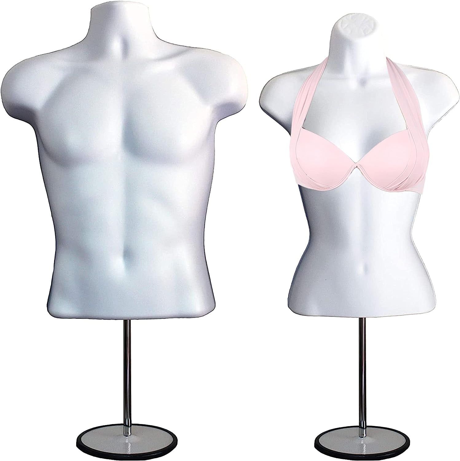 White Male and Female Mannequin Torso Set with Metal Stand