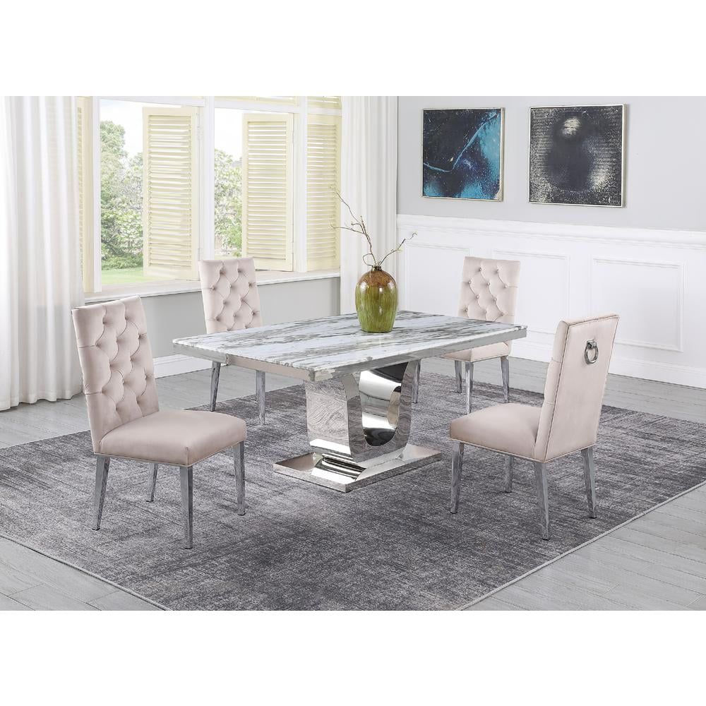 White Marble Dining Set with Silver Stainless Steel Base and Cream Velvet Chairs