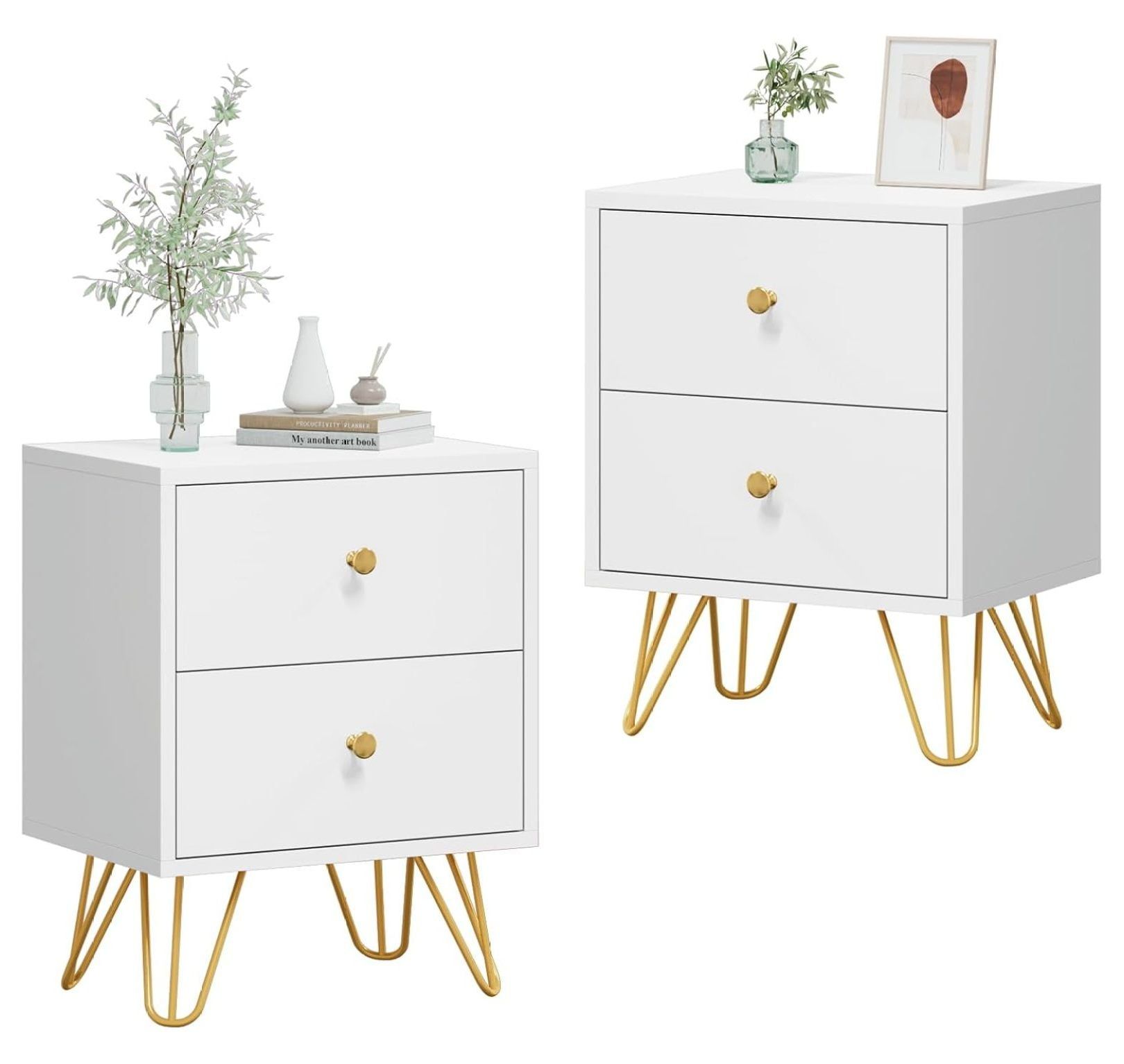 White and Gold 2-Drawer Nightstand Set with Metal Legs