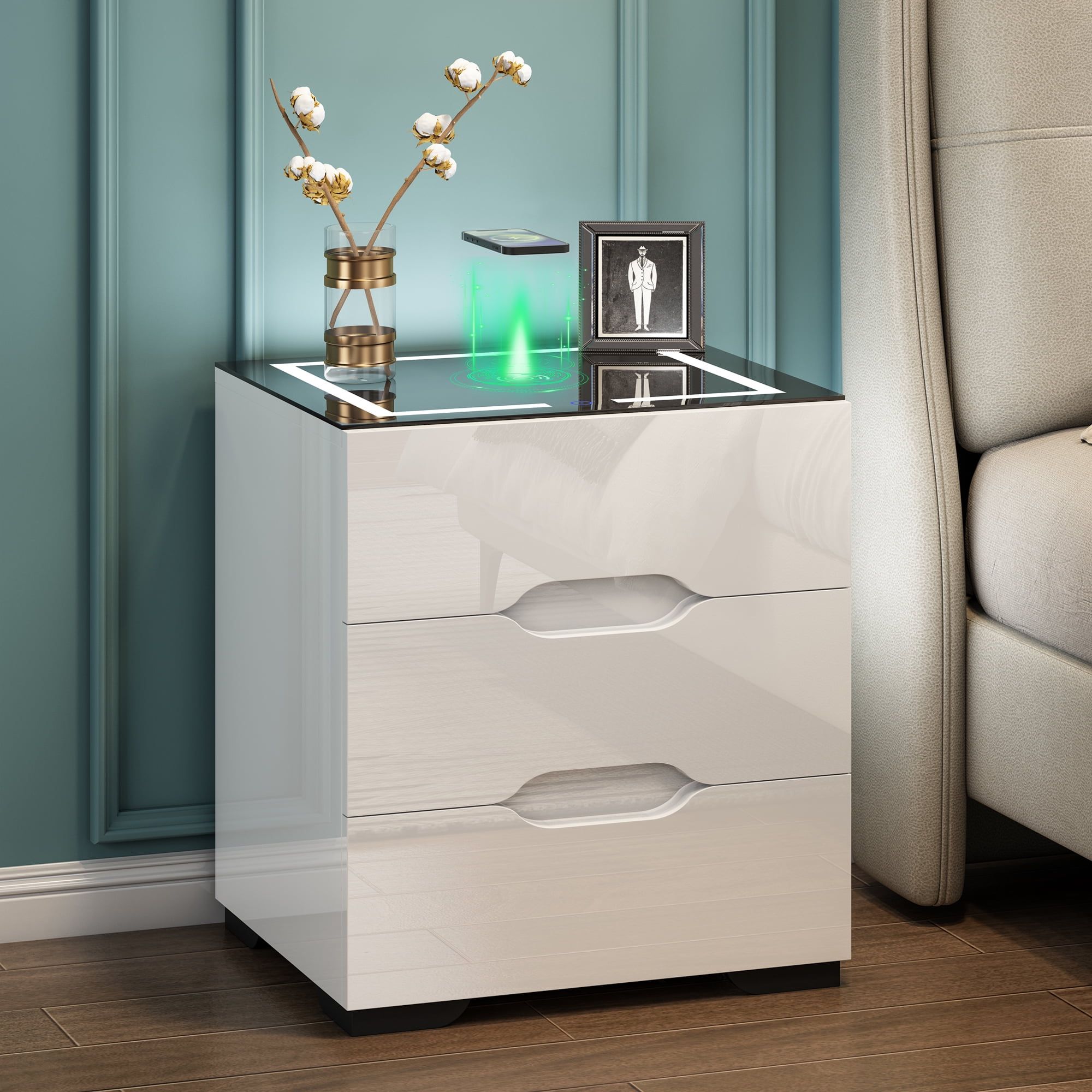 White High Gloss Nightstand with Wireless Charging and LED Lights