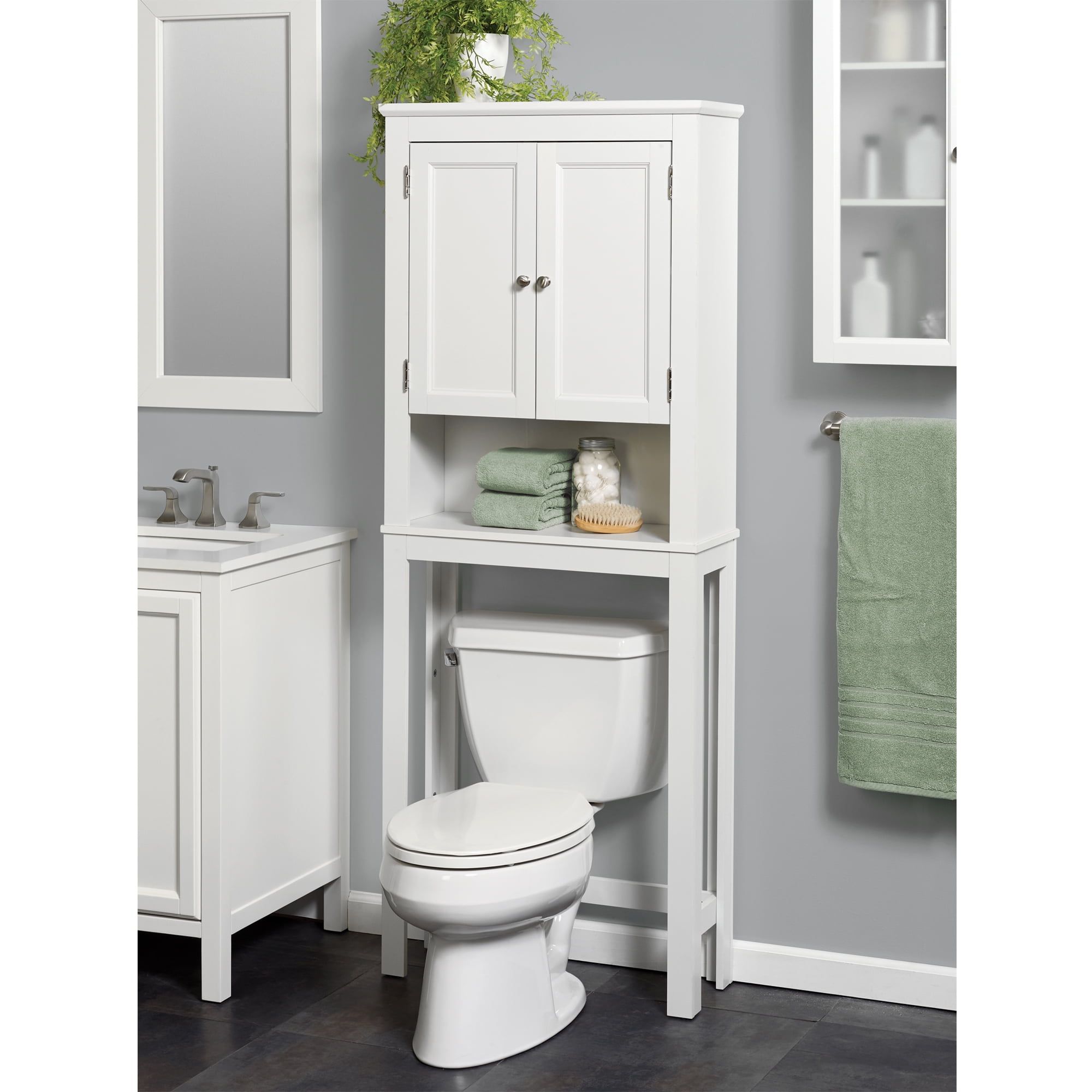 White Adjustable Over-the-Toilet Storage Cabinet with Doors