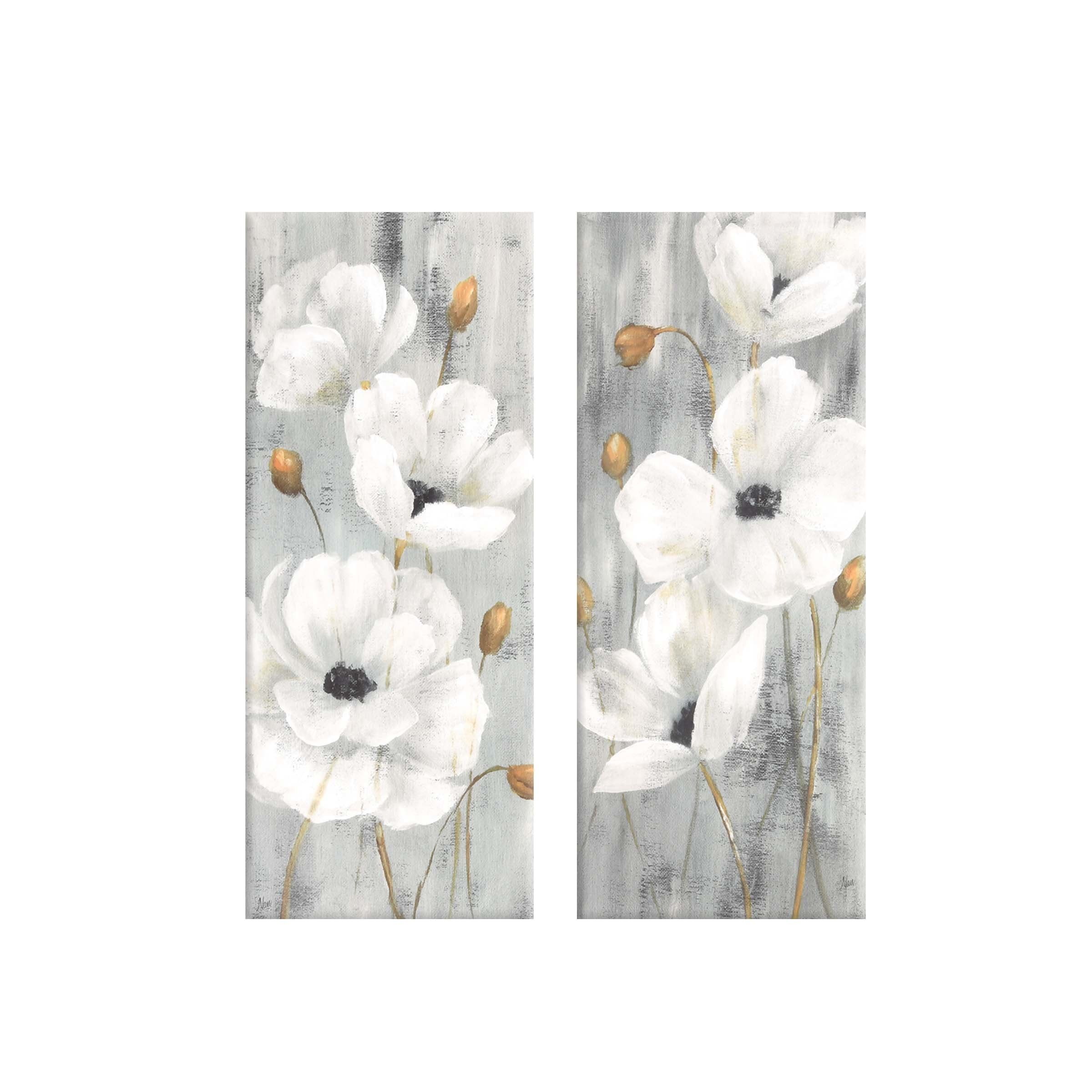 White Peonies Floral Canvas Art Set with Gold and Blue Accents