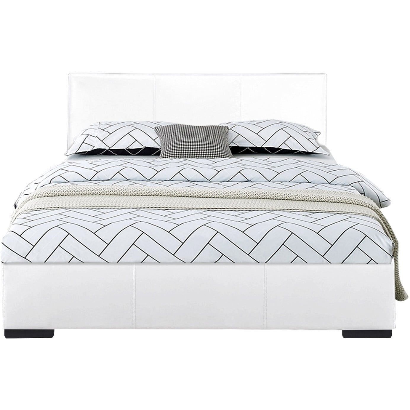 Plush White Faux Leather Queen Platform Bed with Upholstered Headboard