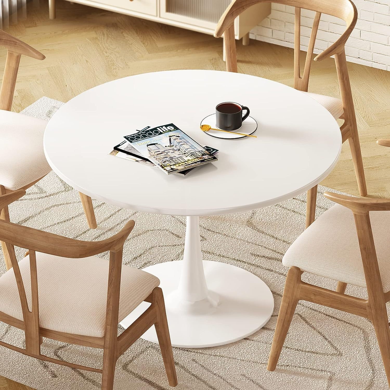 White Round Pedestal Dining Table with MDF Top, 32"