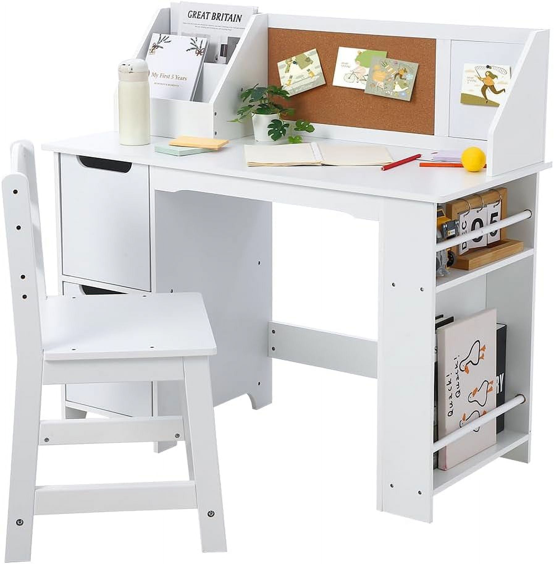 White Wood Kids Study Desk with Bulletin Board and Shelves