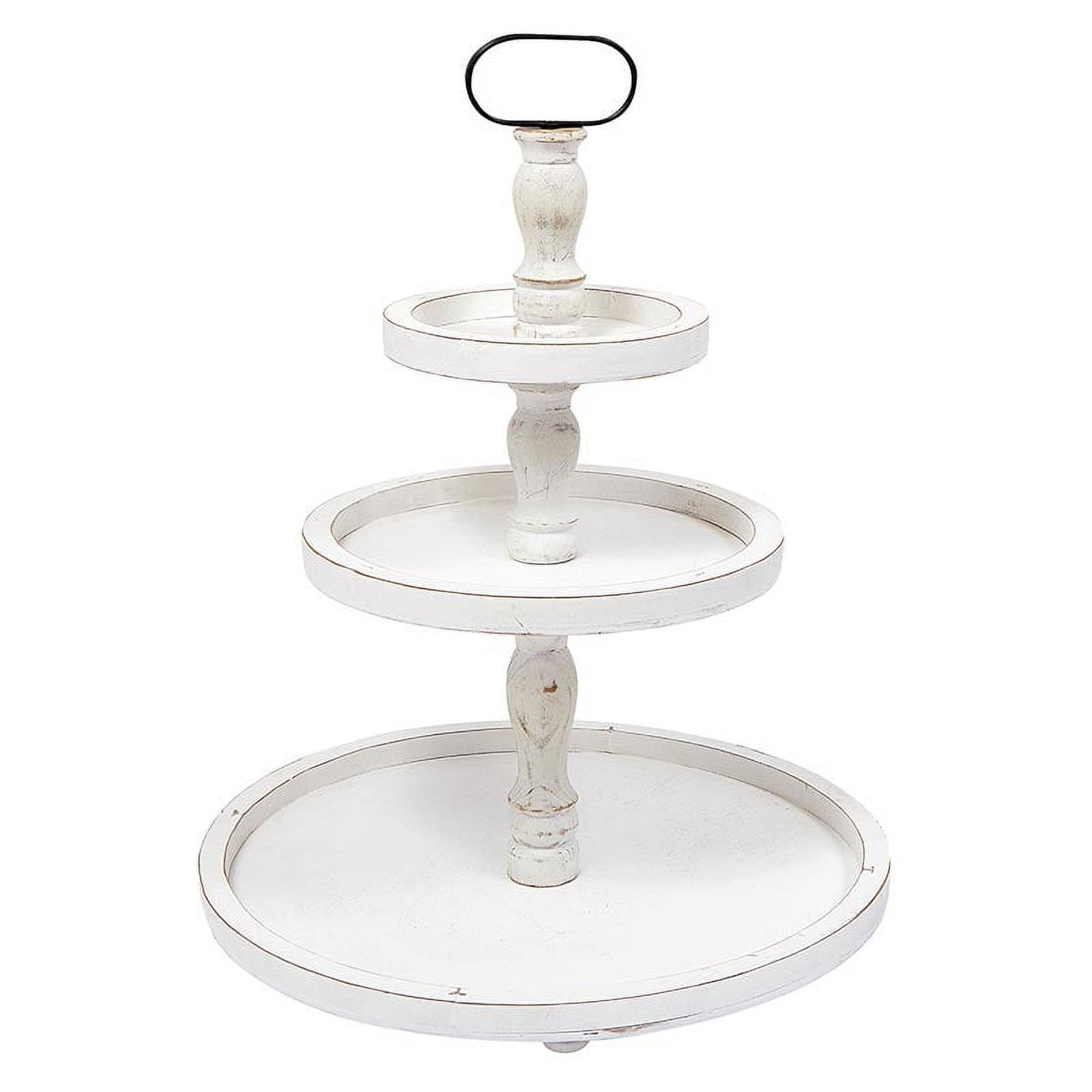 White Distressed Wood and Metal 3-Tier Round Stand