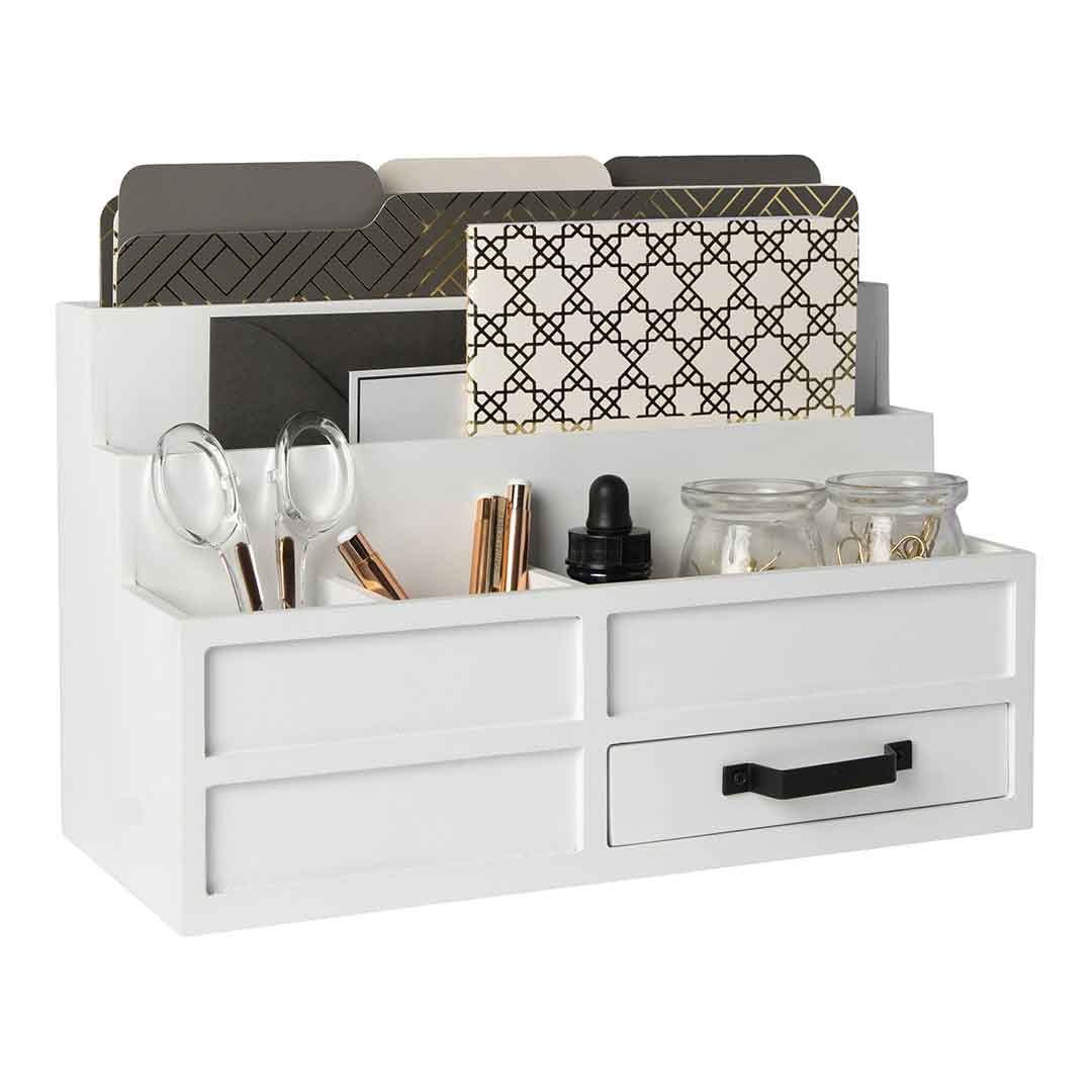 White Wooden Mail Organizer with Pen Holder and Drawer