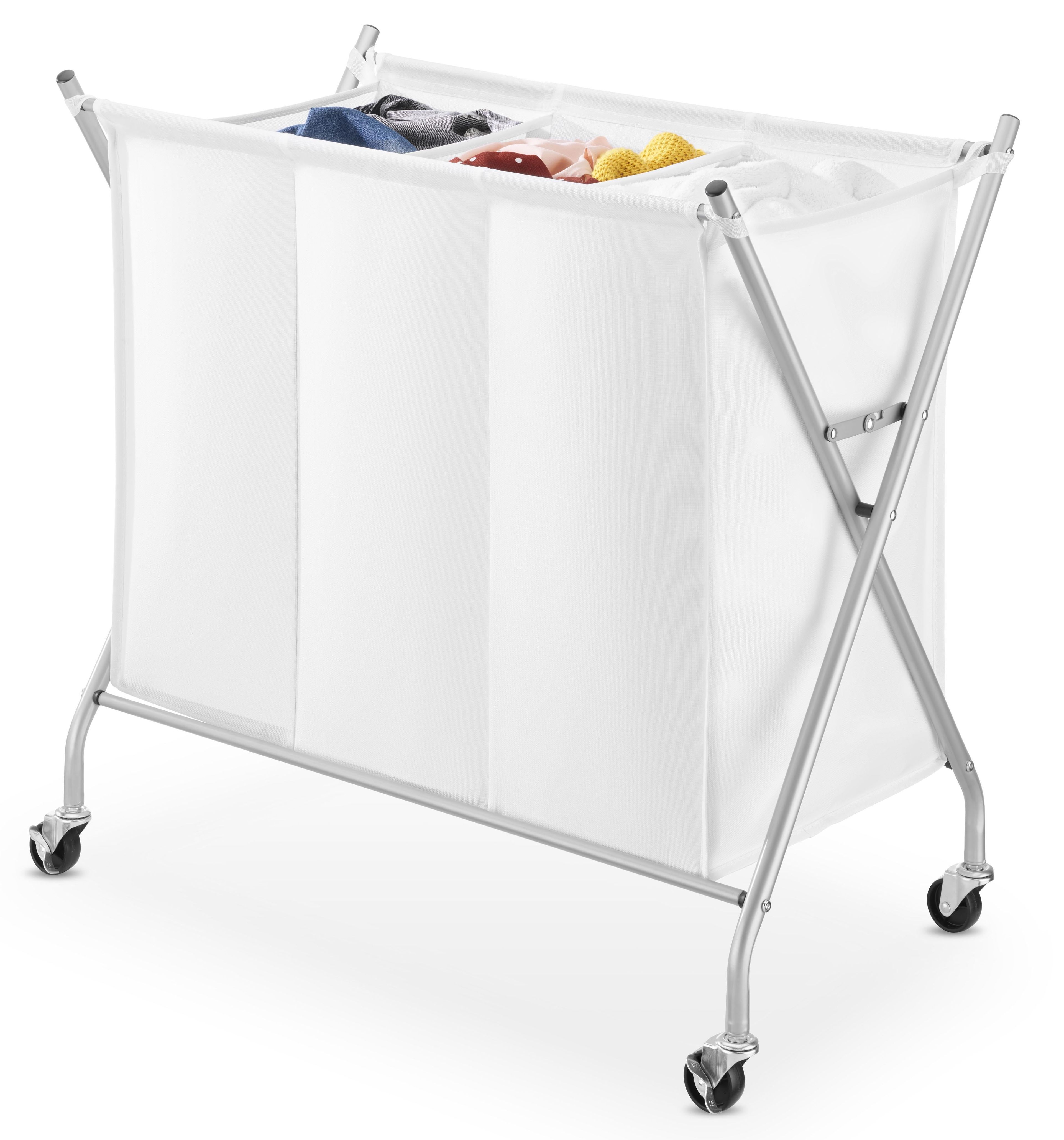 Whitmor White and Silver 3-Section Laundry Sorter with Wheels