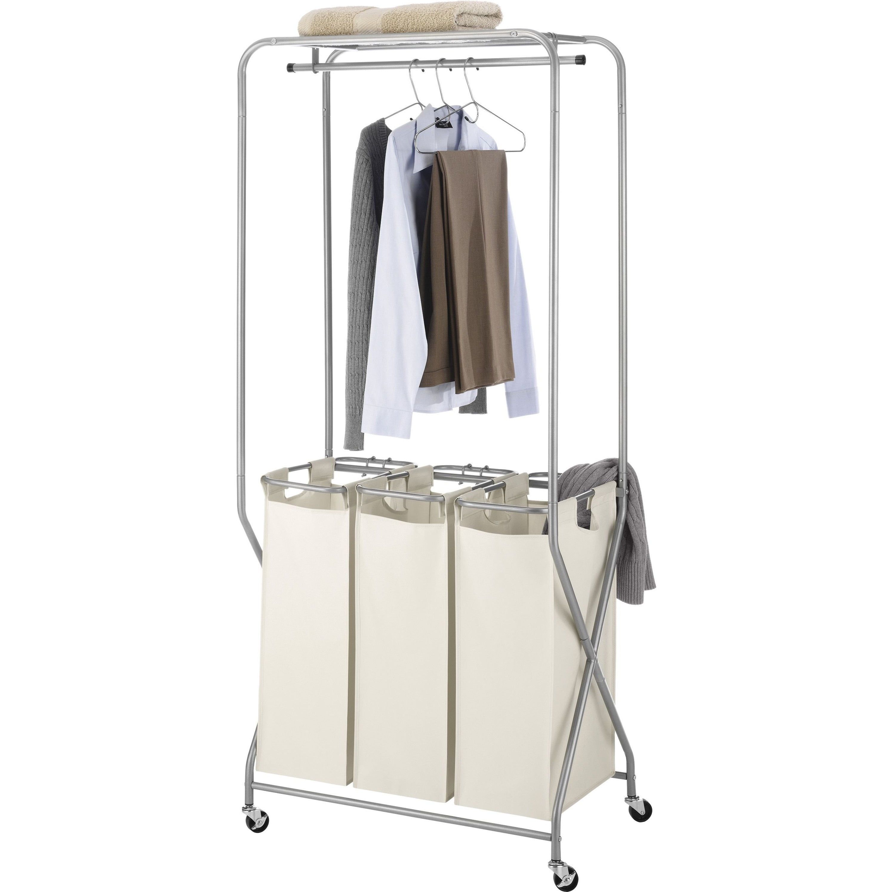 Triple Bag Tan Fabric Laundry Sorter with Wheels