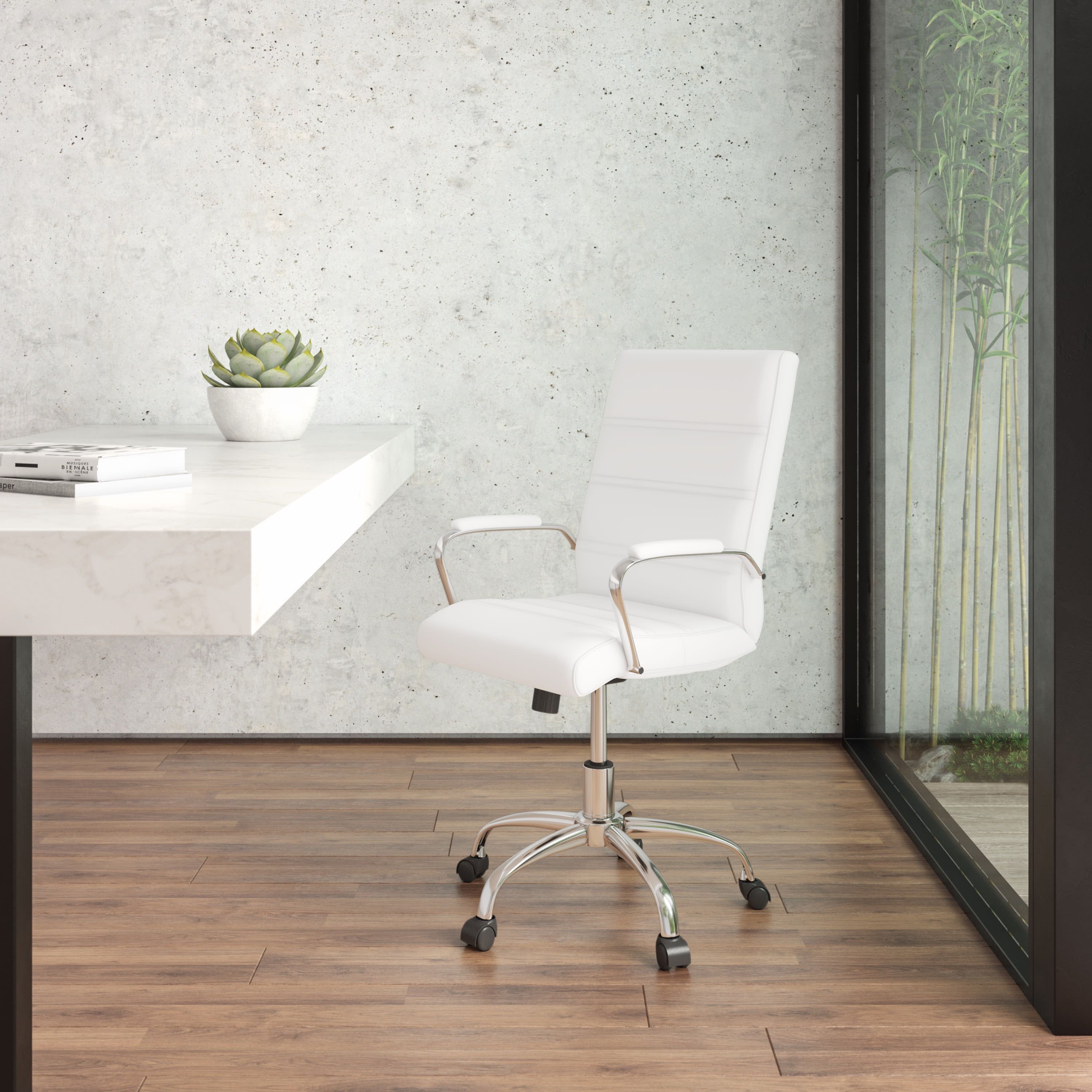 White Mid-Back LeatherSoft Swivel Executive Chair with Chrome Base