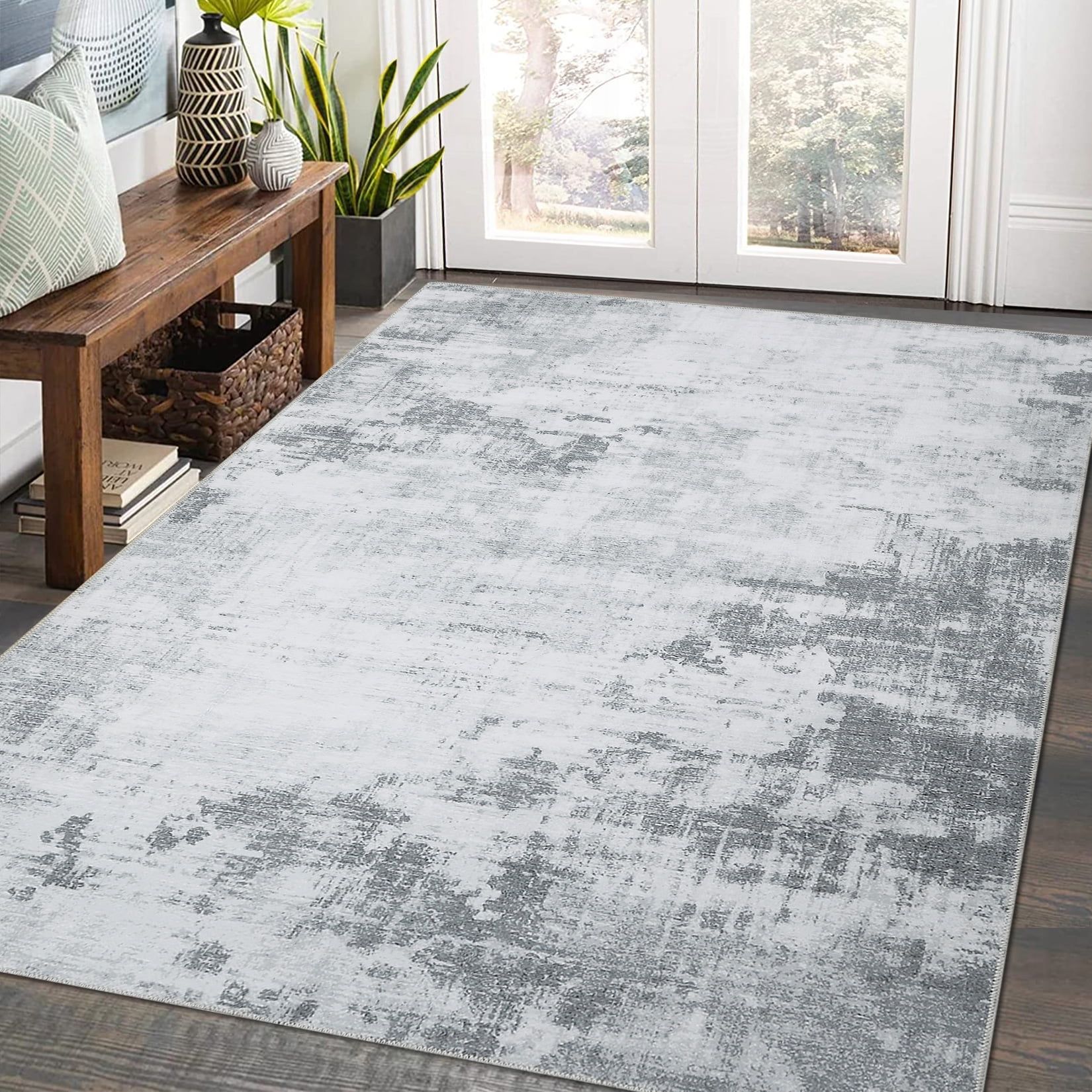 Gray Abstract 5' x 7' Machine Washable Area Rug