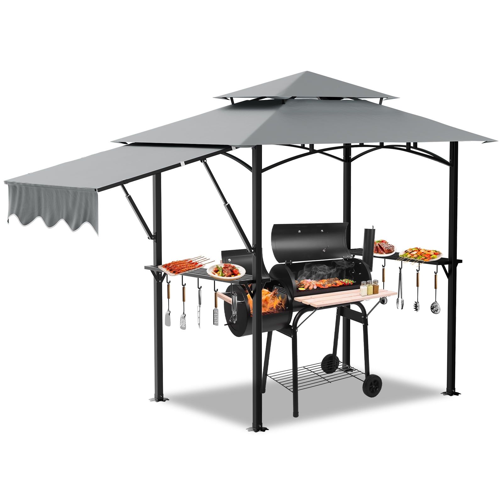 Gray Double Tiered Outdoor BBQ Grill Gazebo with Adjustable Awning