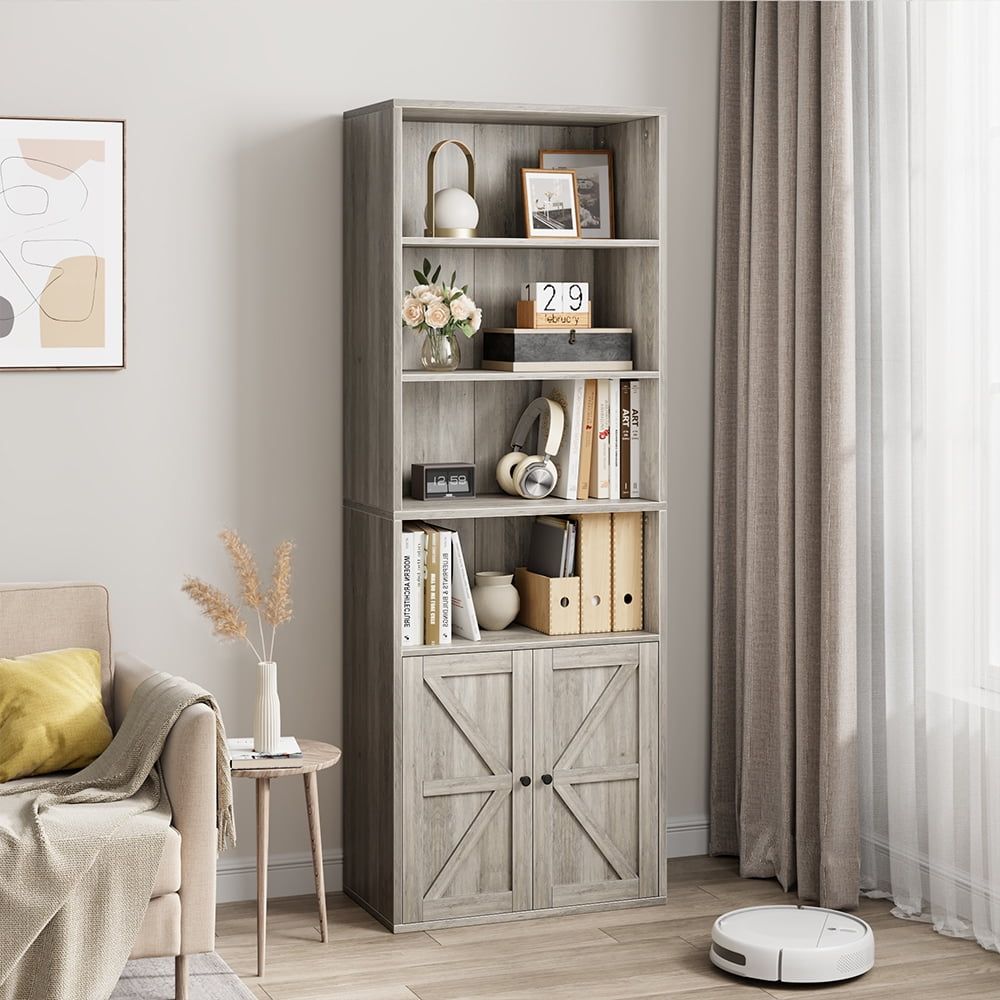 Gray MDF Farmhouse Bookcase with Doors and Adjustable Shelves