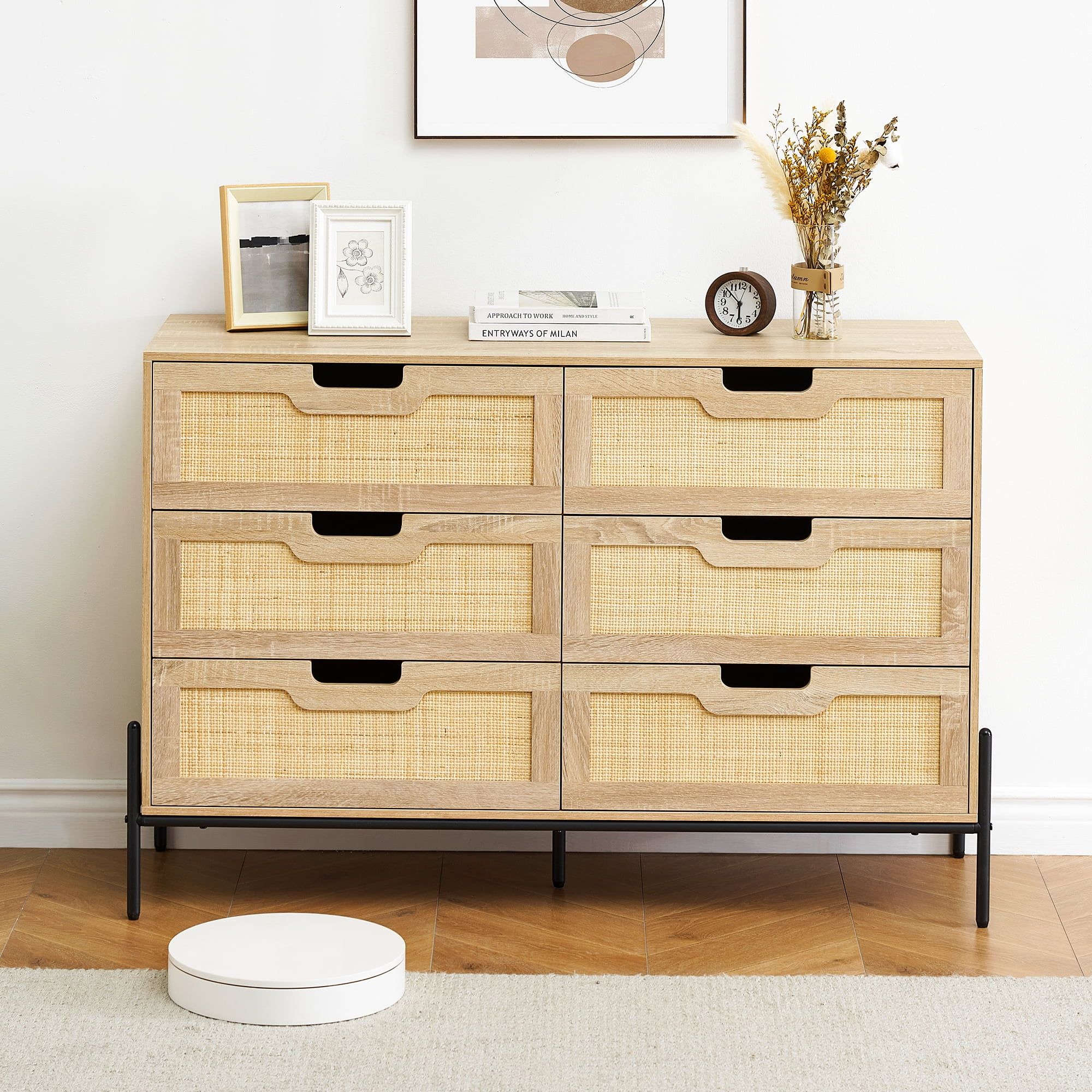 Oak and Rattan 6-Drawer Dresser with Iron Legs