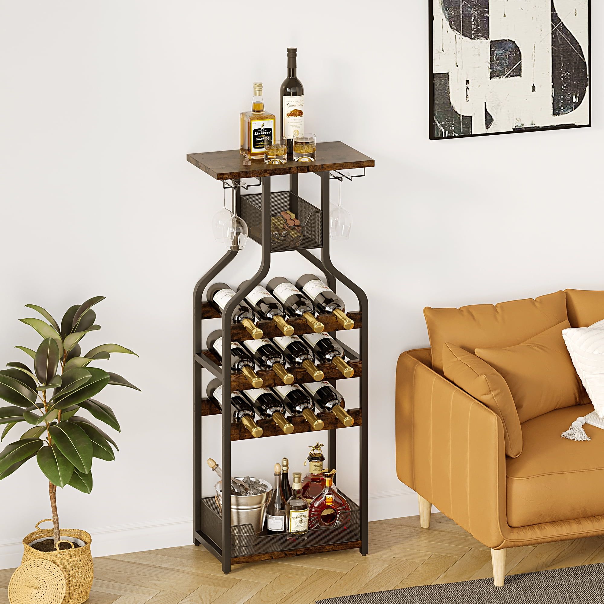 Rustic Brown Metal and MDF Freestanding Wine Rack with Glass Holder