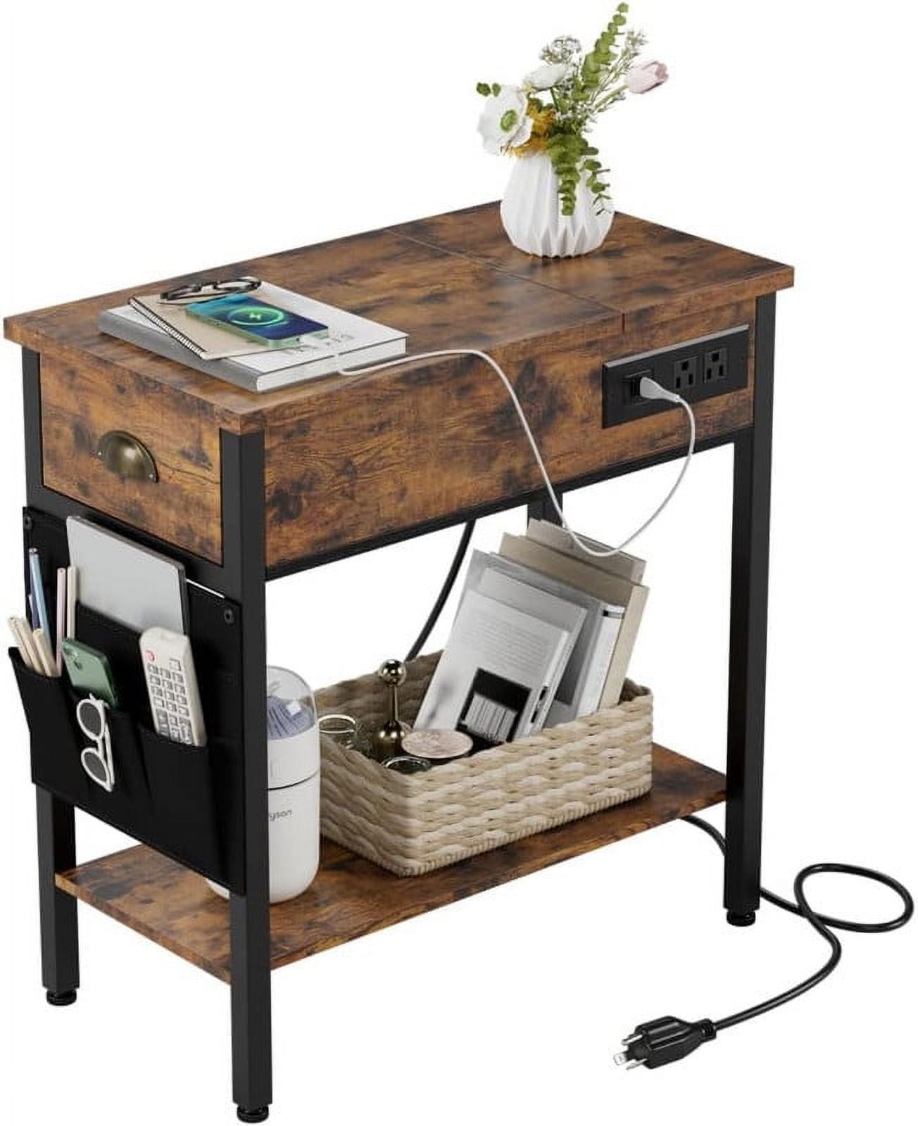 Rustic Brown Wood and Metal End Table with Charging Station