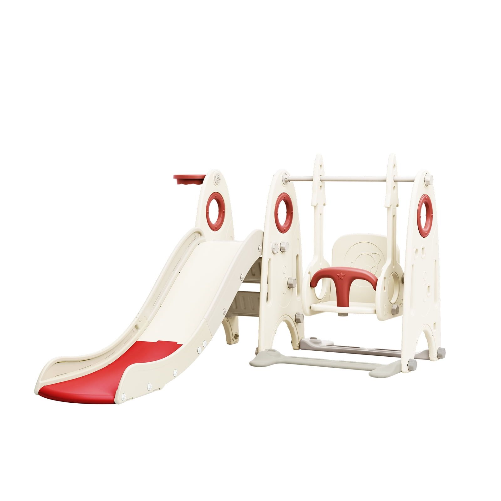 Red and Coffee HDPE Toddler Slide and Swing Set with Basketball Hoop