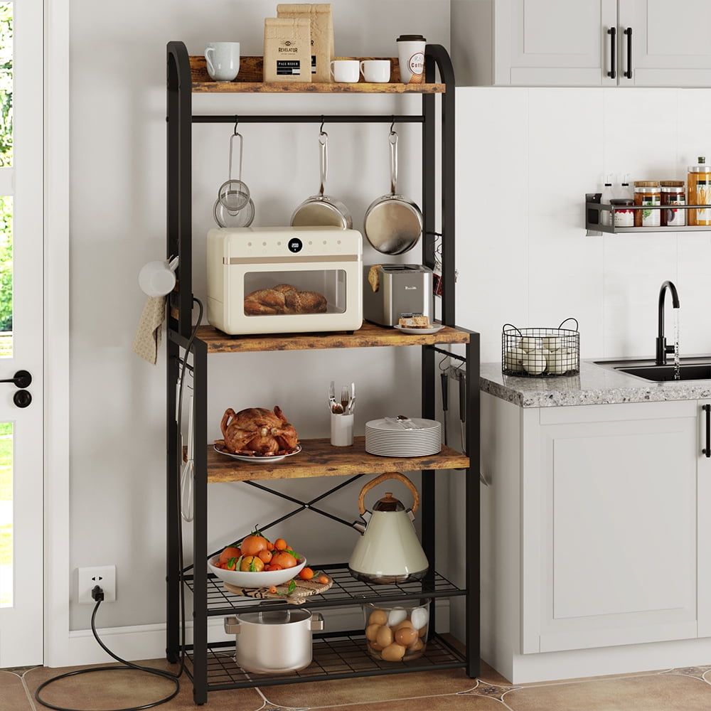 Rustic Brown Industrial Bakers Rack with Power Outlet and Hooks