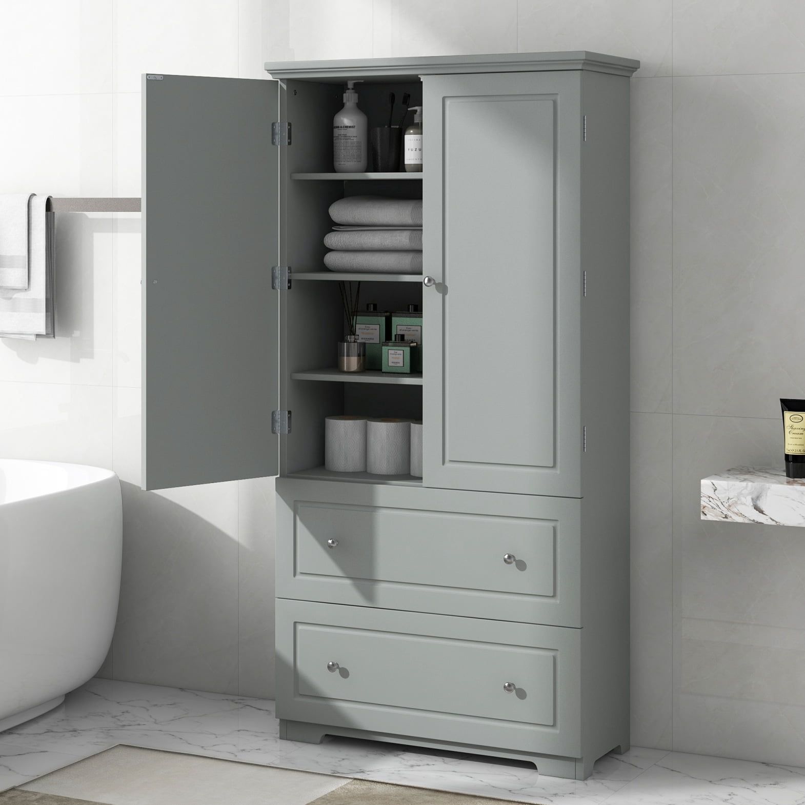 Gray MDF Freestanding Storage Cabinet with Adjustable Shelves and Drawers